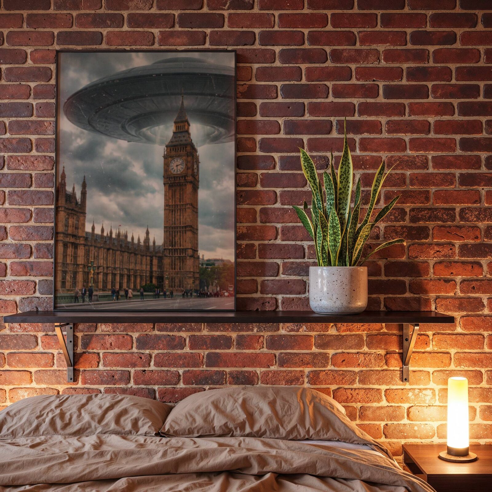 Cinematic warm retro artwork of a giant spacecraft descending low above Big Ben and the Gothic spires of Westminster in a dramatic golden stormy sky, pedestrians on the bridge going about their day — a deeply atmospheric and unique London wall art print perfect for bedroom decor – unframed retro London bedroom poster, ufoposter.com