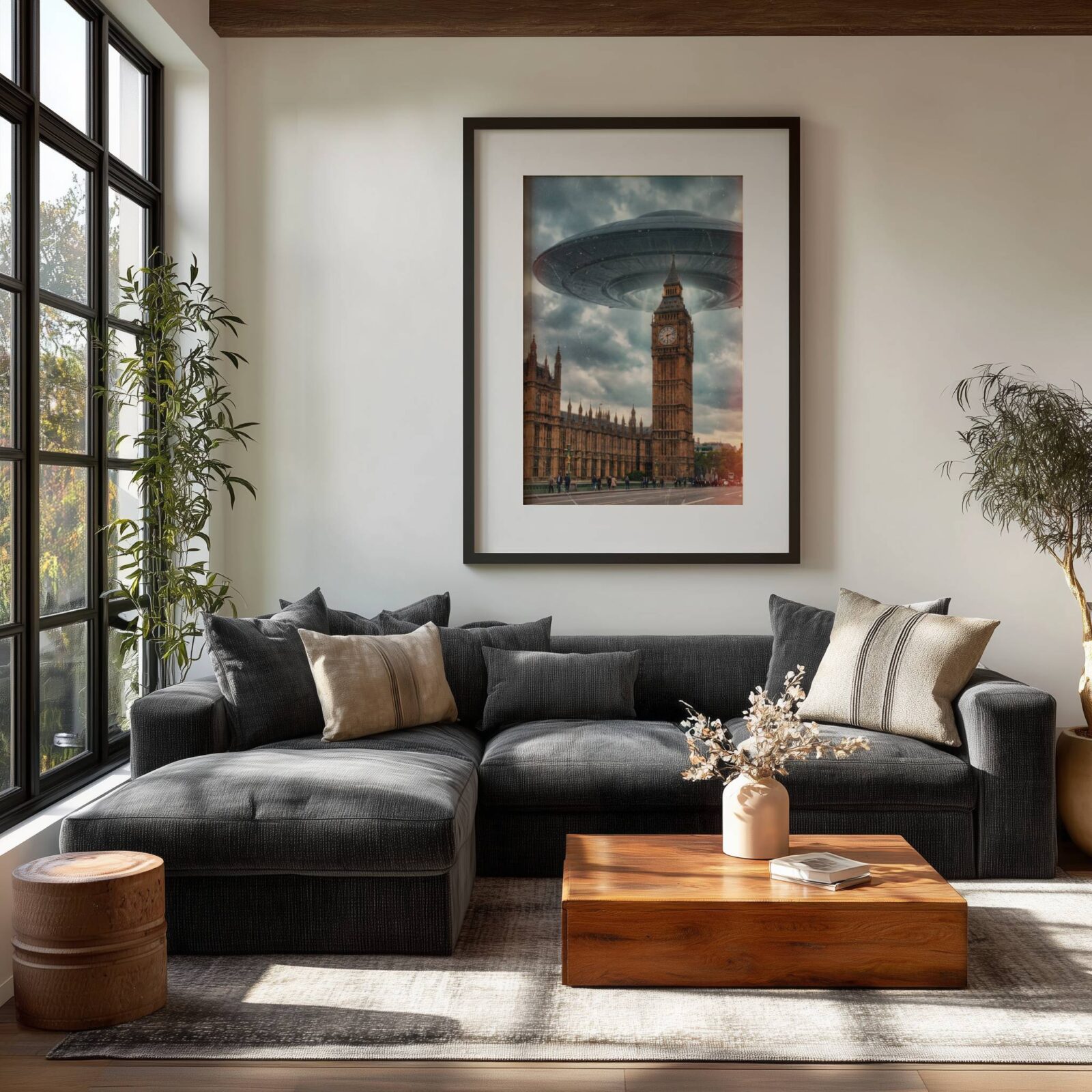 Cinematic warm retro artwork of a giant spacecraft hovering low above Big Ben and the Gothic spires of the Houses of Parliament in a dramatic golden stormy sky over London — a deeply atmospheric UK landmark wall art print for living rooms – unframed retro London art for living room, ufoposter.com