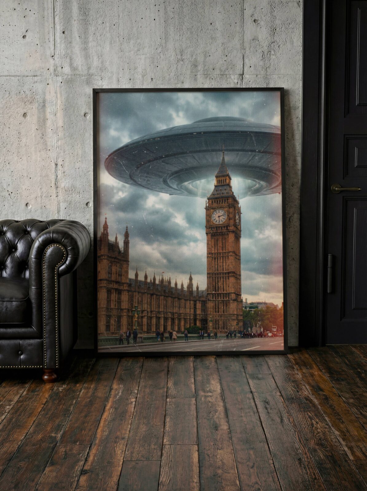 Deeply dramatic warm retro artwork of a massive UFO looming above Big Ben and Westminster, golden storm clouds billowing across the London skyline as pedestrians continue across the bridge below — a stunning London poster perfect for living room decor – unframed retro sci-fi living room poster, ufoposter.com