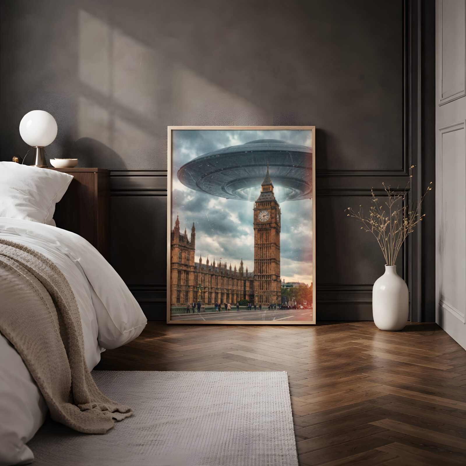 Dramatic warm retro artwork of a colossal UFO hovering above Big Ben and the Houses of Parliament in a golden stormy London sky, Gothic Westminster spires stretching along the Thames embankment below — a hauntingly atmospheric London bedroom wall art print – unframed retro UFO poster for bedroom, ufoposter.com