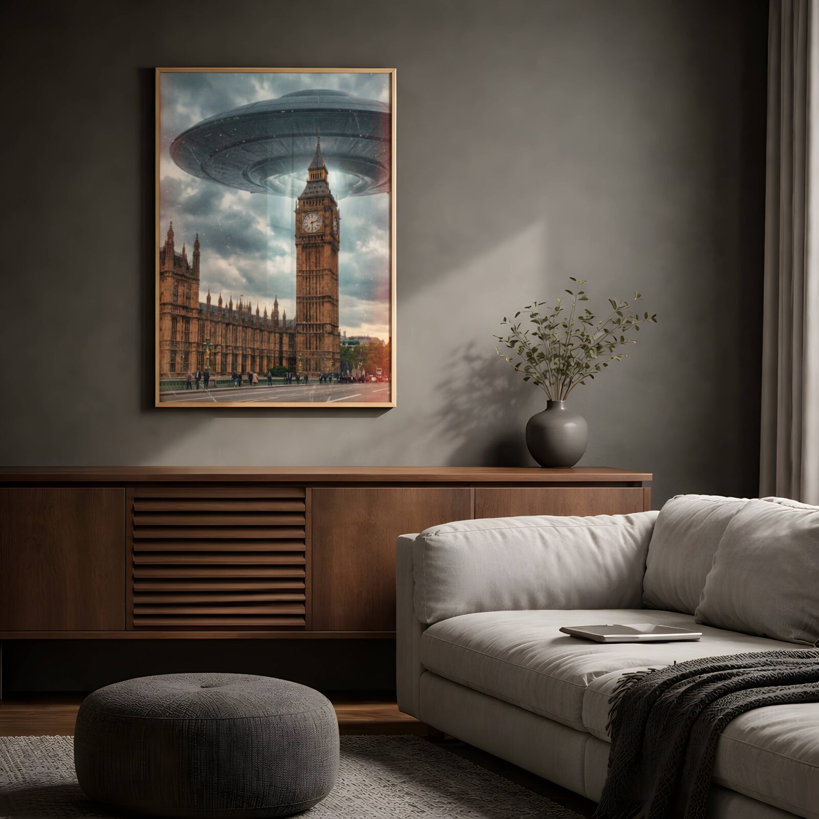 Dramatic warm retro artwork of a colossal UFO descending low over Big Ben and the Houses of Parliament in a golden stormy London sky, pedestrians on the bridge below going about their business completely unbothered — a breathtaking London wall art print for living room decor – unframed retro UFO poster for living room, ufoposter.com