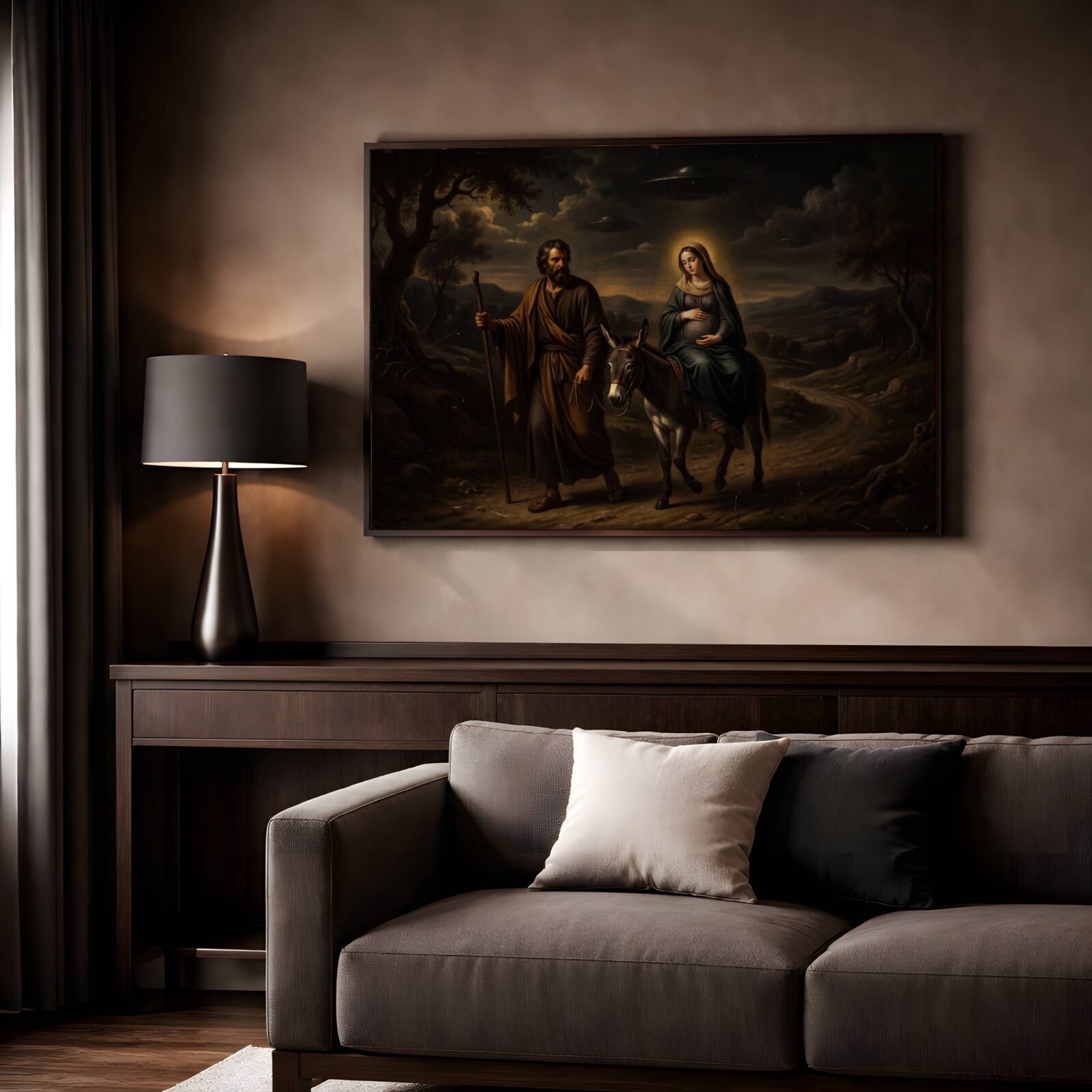 Dramatic dark oil-style painting of Joseph walking with a staff and pregnant Mary riding a donkey on a dark winding road through an ancient landscape, two UFOs drifting silently through stormy clouds above the hills — a hauntingly beautiful dark wall art print for living room decor – unframed dark biblical sci-fi poster for living room, ufoposter.com
