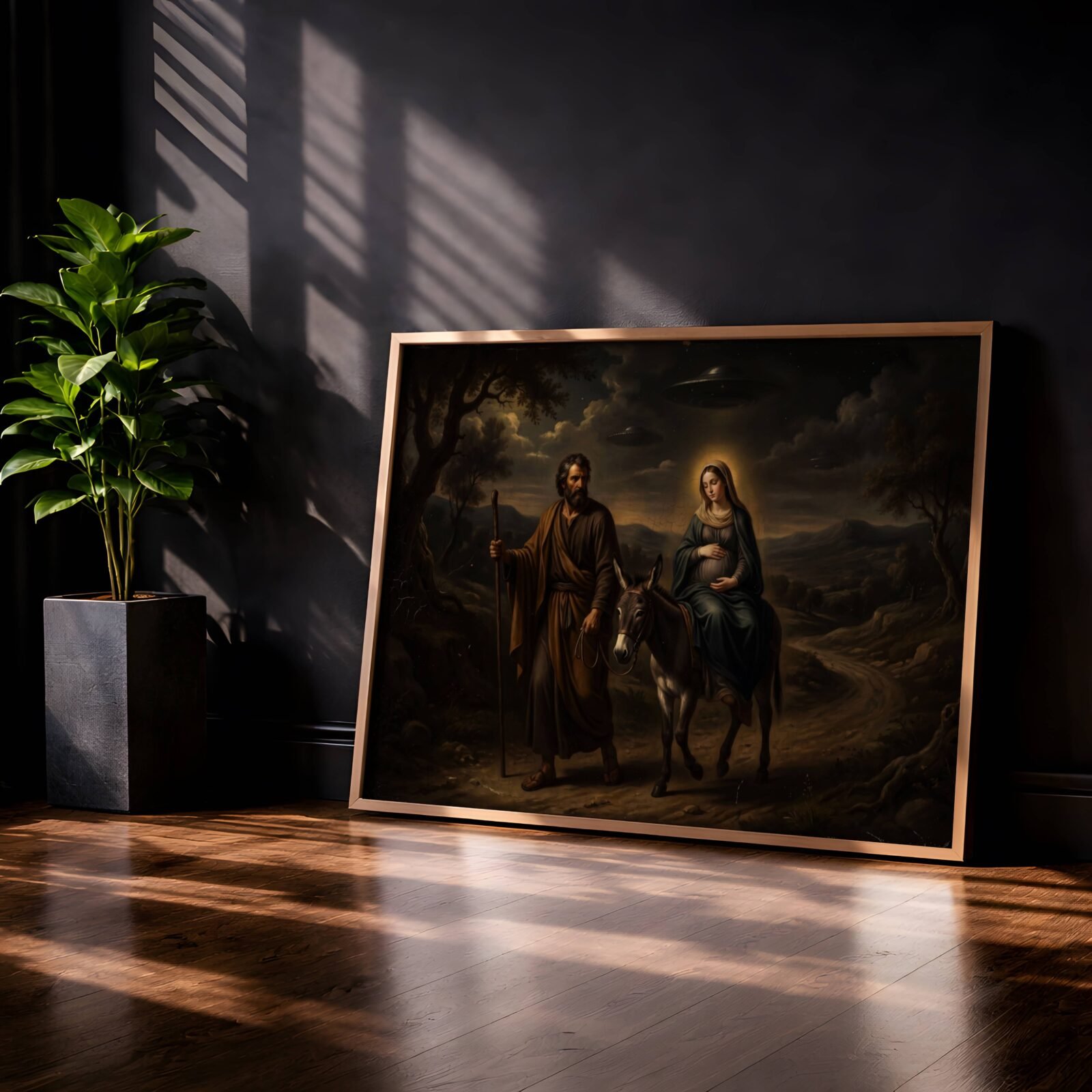 Haunting dark oil-style painting of Joseph walking with his staff and pregnant Mary riding a donkey along a dark winding ancient road, Mary's golden halo glowing softly against stormy skies as two UFOs drift silently through the clouds above the hills – unframed dark religious sci-fi art poster, ufoposter.com