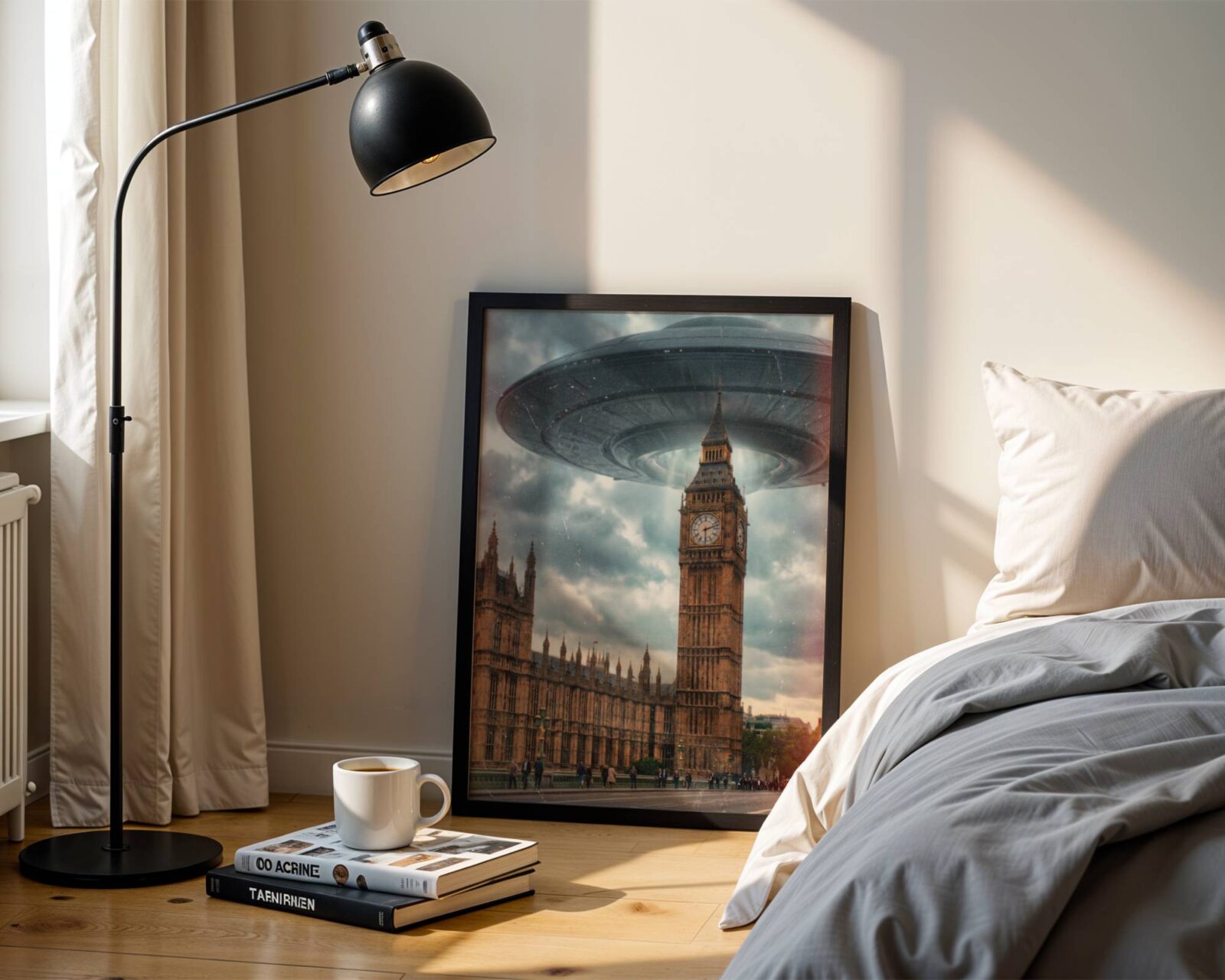 Breathtakingly dramatic warm retro artwork of a colossal UFO above Big Ben and the Houses of Parliament in a golden stormy London sky, red buses visible below and pedestrians crossing the bridge — a hauntingly cinematic London poster perfect for bedroom decor – unframed retro sci-fi bedroom poster, ufoposter.com