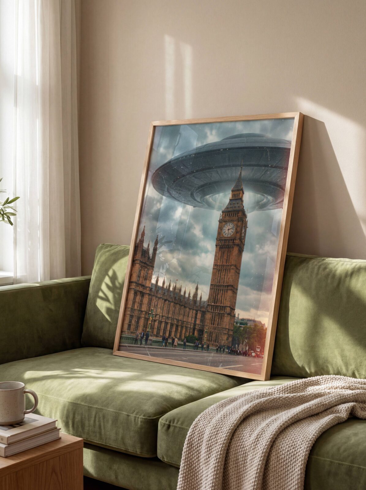 Striking warm retro artwork of a colossal UFO descending over Big Ben and the Houses of Parliament in a dramatic golden stormy London sky, red buses still running and pedestrians still walking on the bridge below — a genuinely unique London sci-fi wall art statement for any living room – unframed retro UFO London living room poster, ufoposter.com