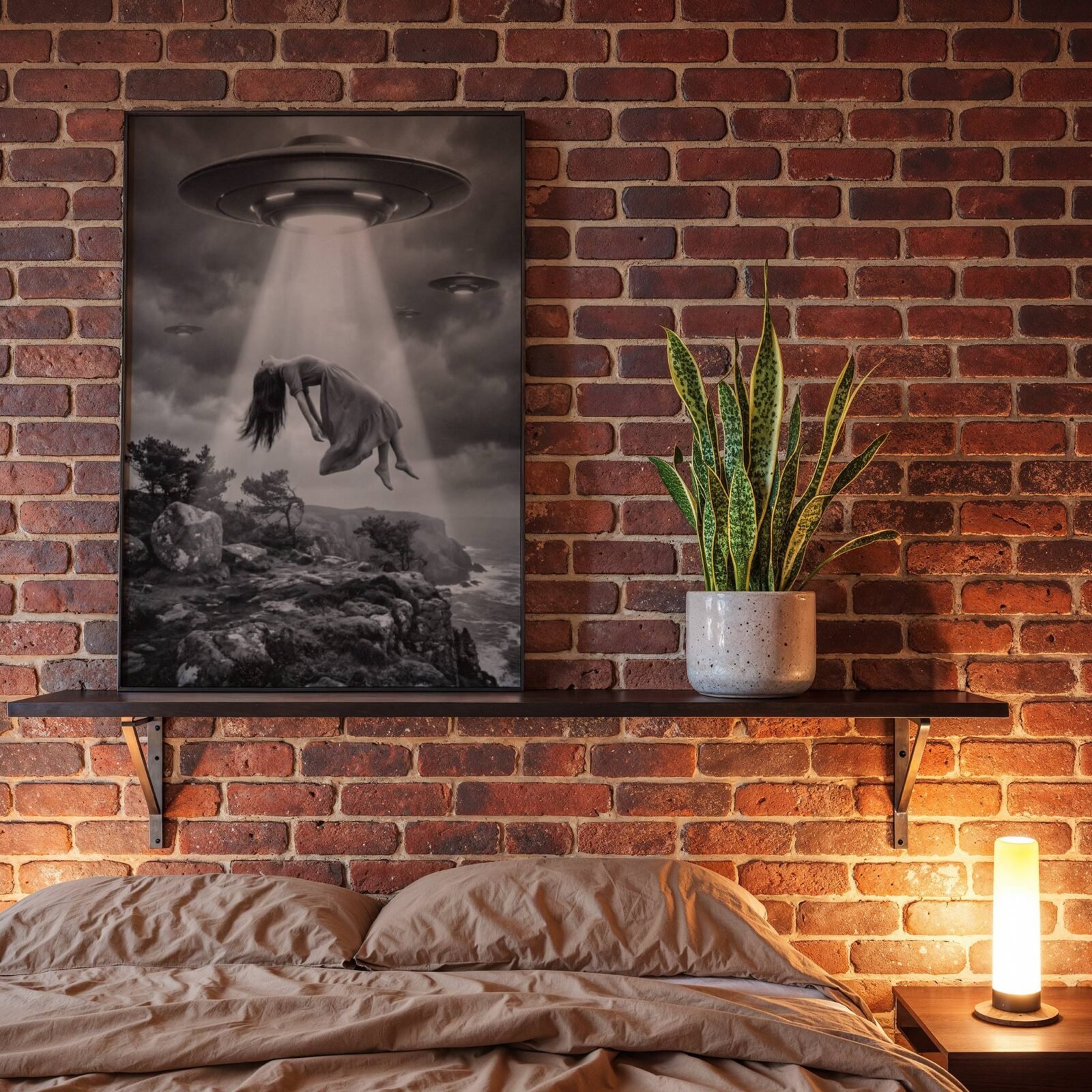 Dramatic black and white surreal artwork of a woman in a dress floating limp in a blinding UFO beam above a rocky coastal clifftop, two more spacecraft visible in heavy storm clouds as windswept pine trees and a churning grey sea stretch below — haunting dark bedroom wall art print – unframed dark surreal poster for bedroom, ufoposter.com