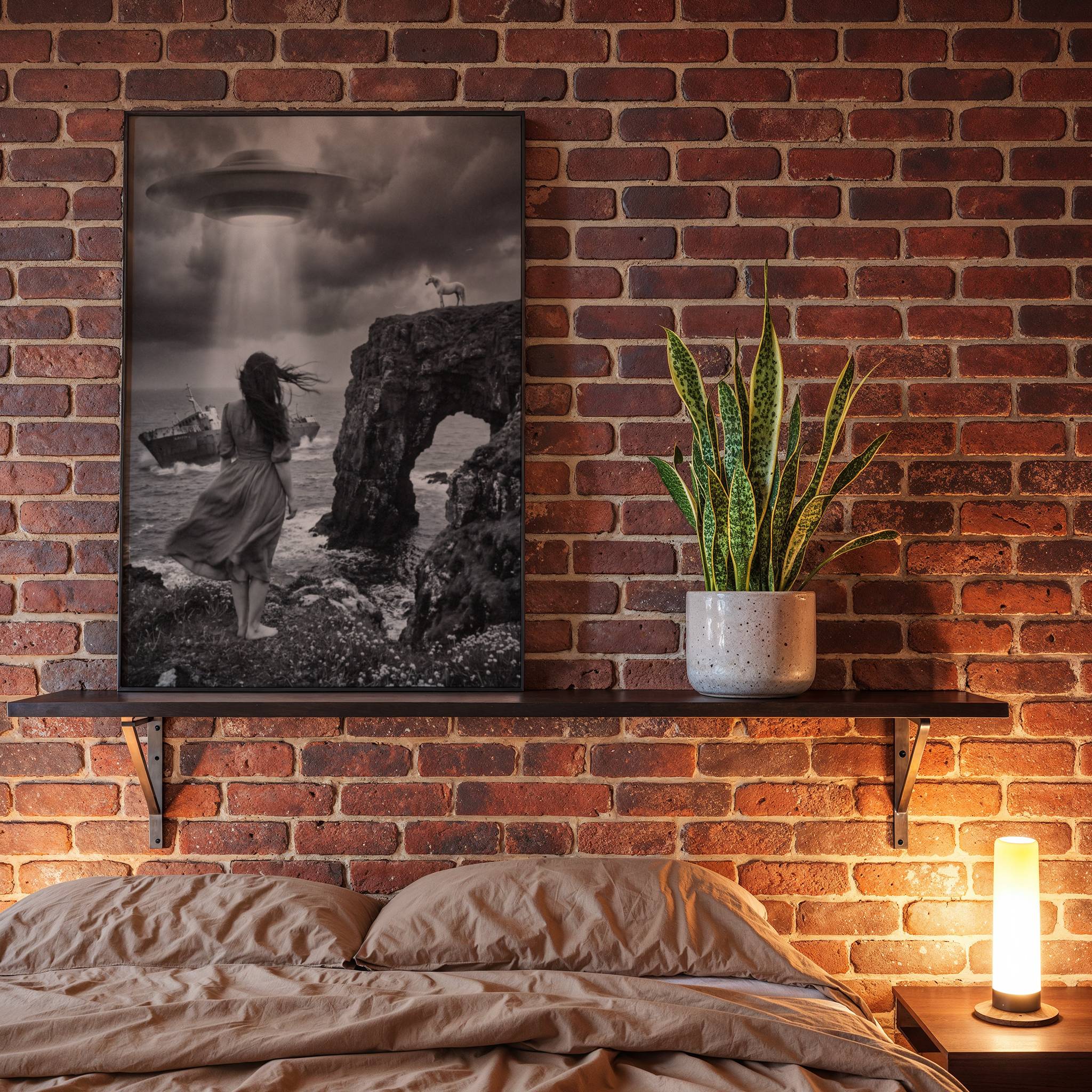 Dramatic black and white surreal artwork of a barefoot windswept woman walking along a rocky coastline toward a shipwreck in stormy seas, a UFO beaming light through dark clouds above and a unicorn standing on a clifftop arch to her right — haunting dark bedroom wall art print – unframed dark surreal poster for bedroom, ufoposter.com