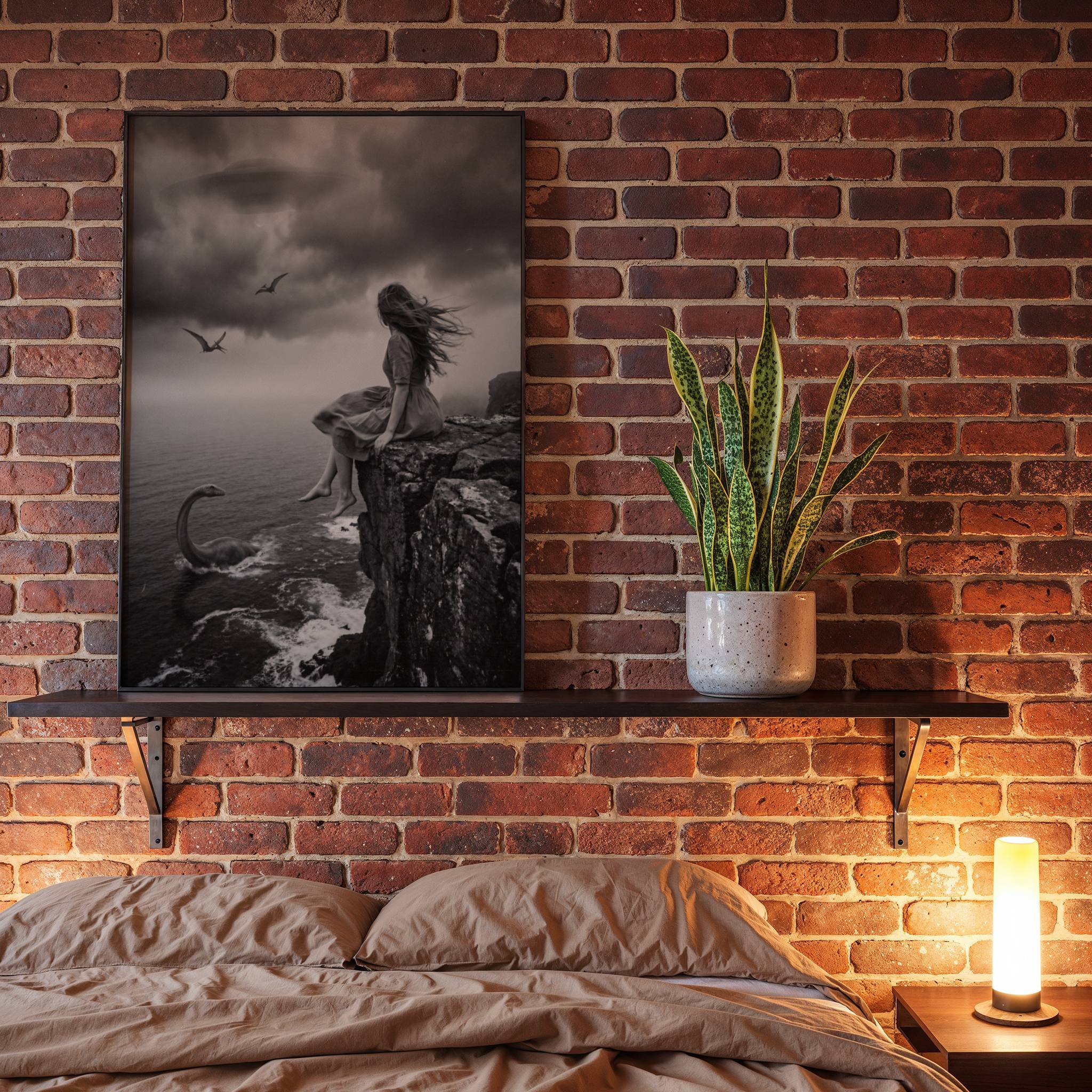Dramatic black and white surreal artwork of a barefoot windswept woman sitting on a coastal cliff edge as a plesiosaur rises from crashing waves below, pterodactyls circle in storm clouds and a UFO drifts overhead — haunting dark bedroom wall art print – unframed dark surreal poster for bedroom, ufoposter.com