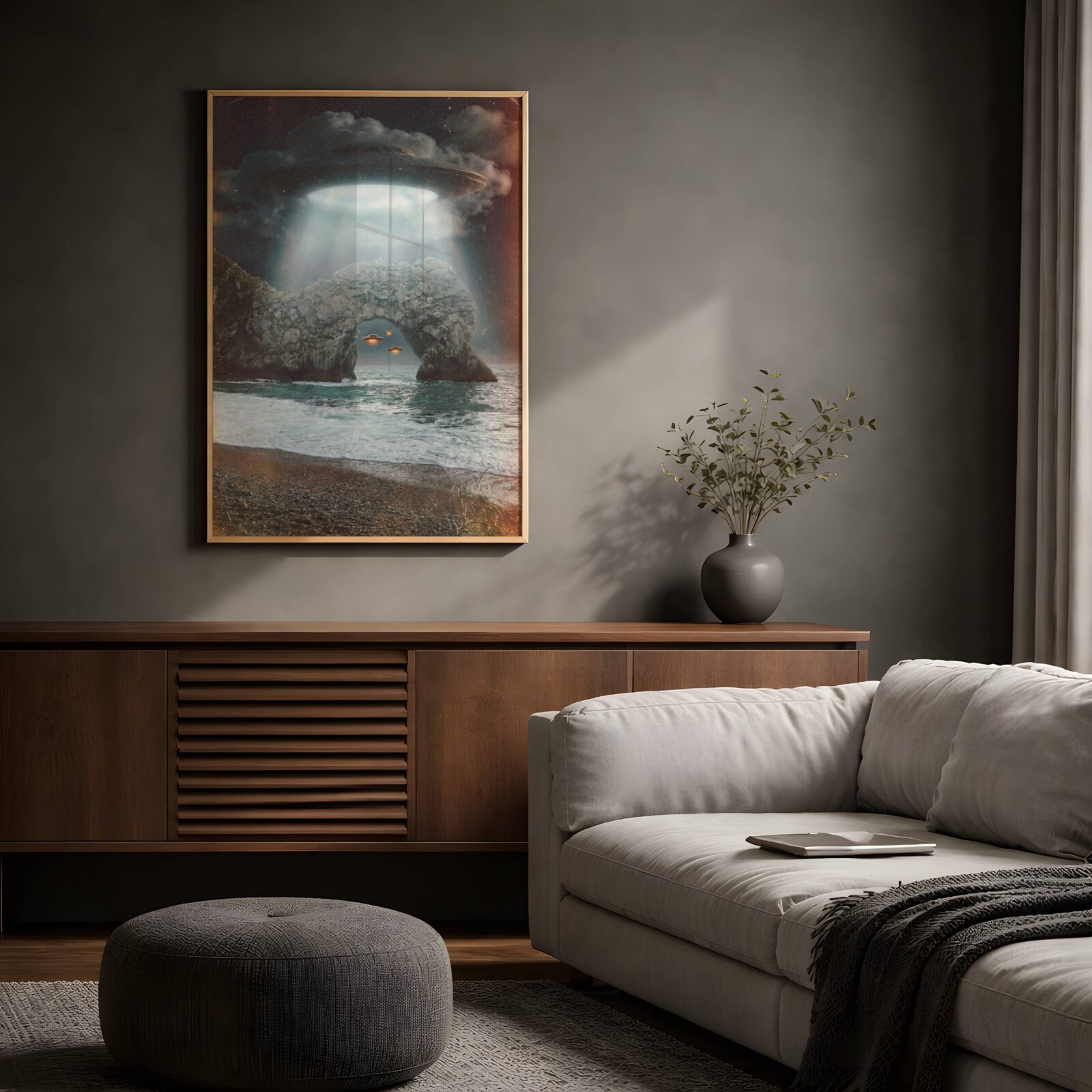 Dramatic dark retro artwork of a massive UFO hovering above the iconic Durdle Door limestone arch on the Dorset coast, blinding blue-white beam pouring through storm clouds and two smaller glowing spacecraft visible through the arch over the churning sea — breathtaking Durdle Door wall art for living room decor – unframed retro UFO poster for living room, ufoposter.com