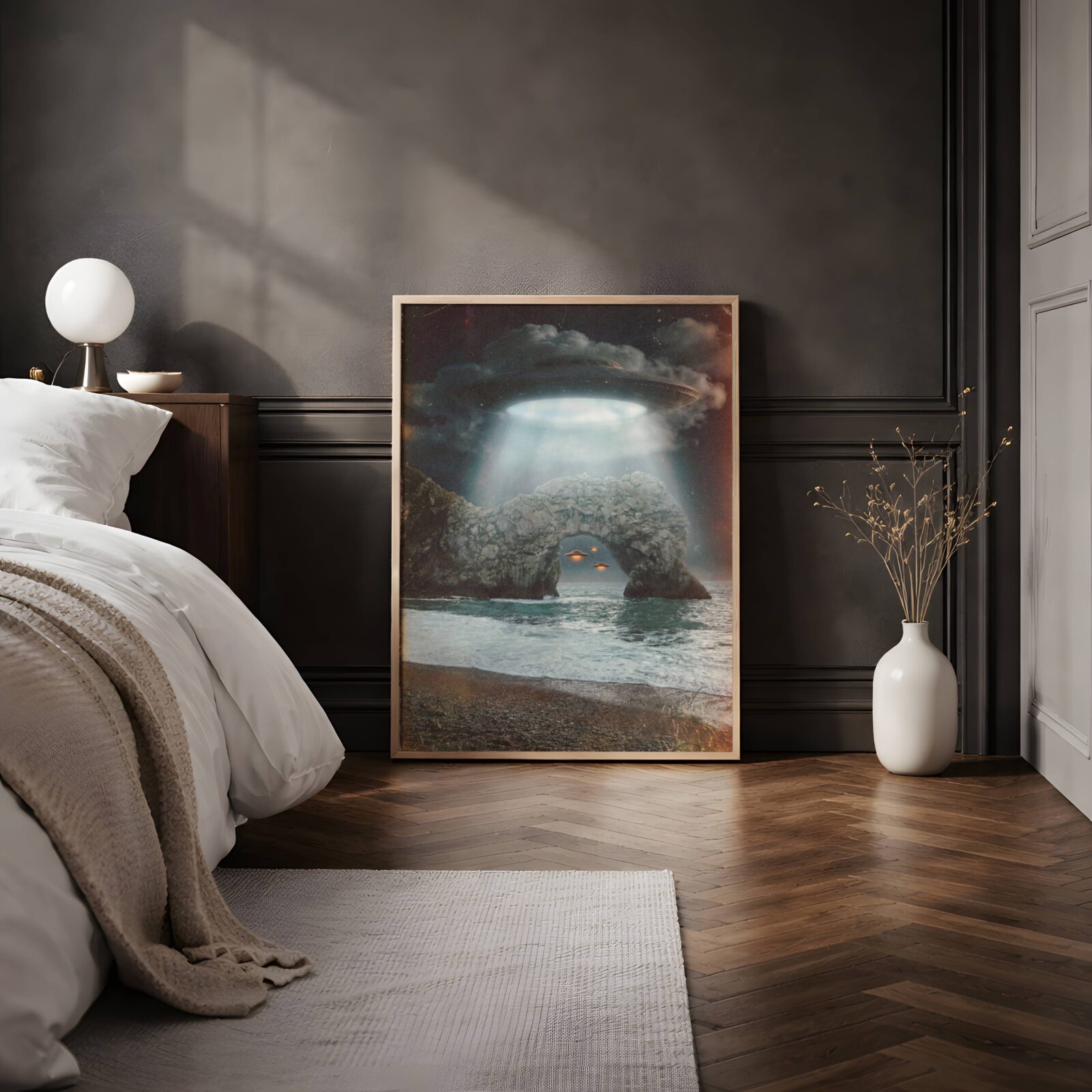 Breathtakingly dramatic dark retro artwork of a massive UFO above Durdle Door casting a blinding blue-white beam through storm clouds, two smaller glowing spacecraft visible through the ancient limestone arch over a churning Dorset sea — a hauntingly cinematic coastal wall art print for bedroom decor – unframed retro sci-fi bedroom poster, ufoposter.com