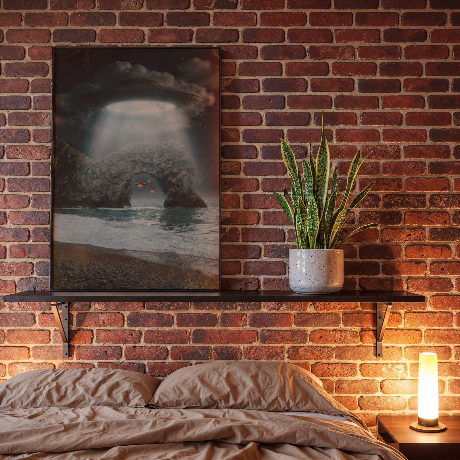 Dramatic dark retro artwork of a massive UFO hovering above the iconic Durdle Door limestone arch with a blinding blue-white beam through storm clouds, two glowing spacecraft visible through the arch over the churning Dorset sea — a hauntingly atmospheric Dorset bedroom wall art print – unframed retro UFO poster for bedroom, ufoposter.com