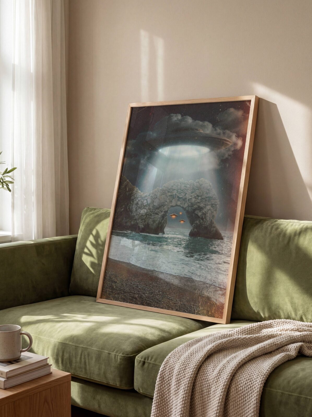 Striking dark retro artwork of a giant UFO beaming blue-white light through heavy storm clouds above the ancient Durdle Door limestone arch, two amber-glowing spacecraft drifting through the arch over the Dorset coast — a genuinely unique UK sci-fi wall art statement for any living room – unframed retro UFO Durdle Door living room poster, ufoposter.com