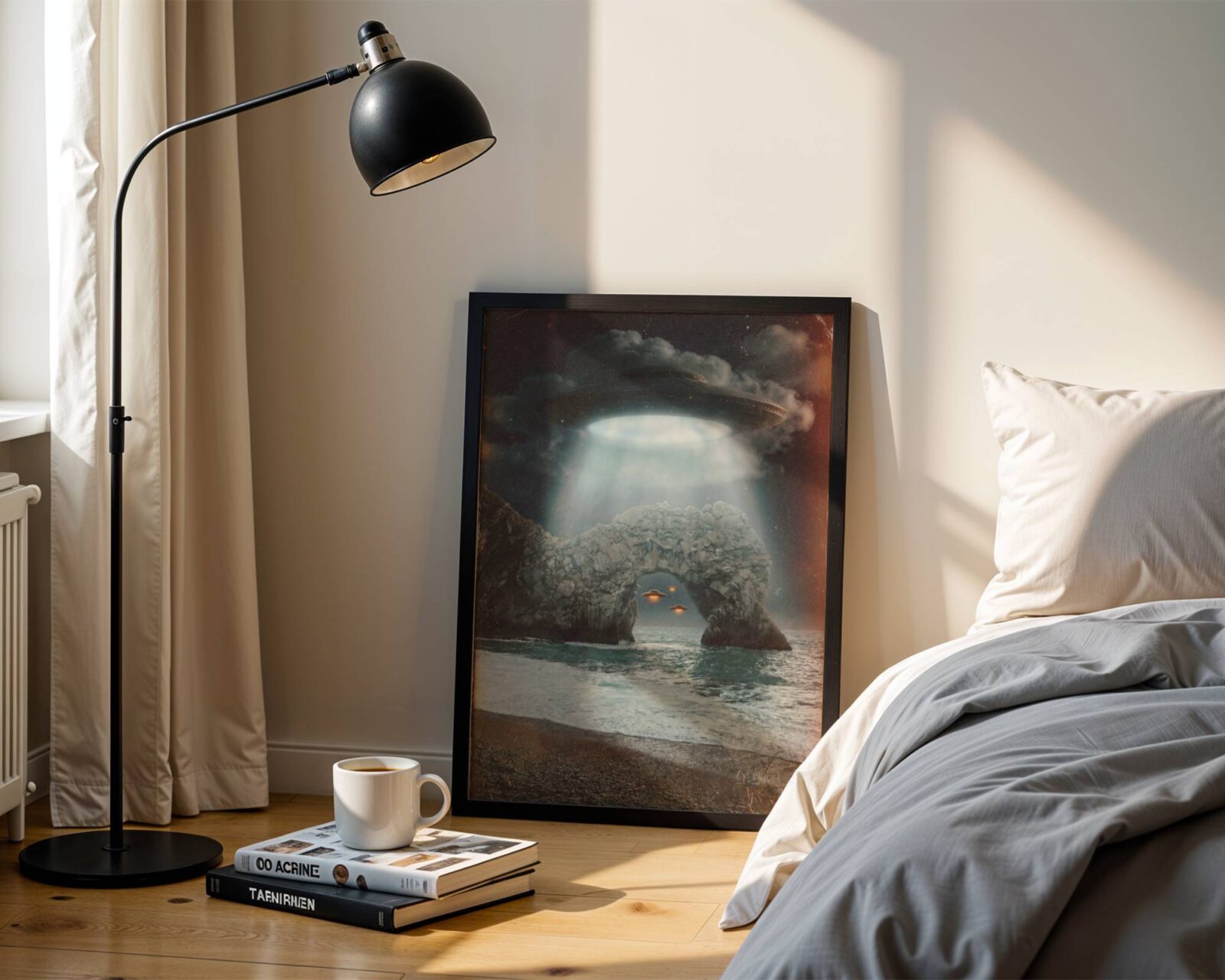 Cinematic dark retro artwork of a giant spacecraft beaming blue-white light through storm clouds above Durdle Door, two amber-lit UFOs drifting through the limestone arch over the Dorset coastline — a deeply atmospheric and unique UK wall art print perfect for bedroom decor – unframed retro Durdle Door bedroom poster, ufoposter.com