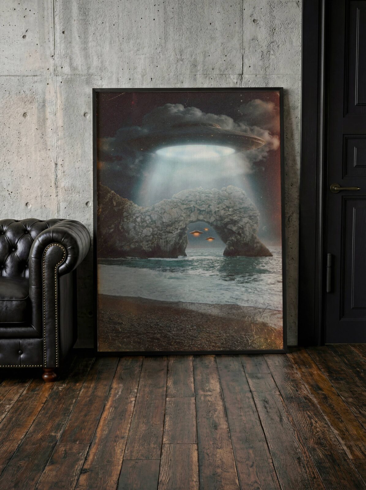 Deeply dramatic dark retro artwork of a massive UFO above Durdle Door casting a blinding beam through storm clouds onto the iconic Dorset limestone arch, two smaller spacecraft glowing through the arch over a churning sea — a stunning Dorset coast wall art print for living room decor – unframed retro sci-fi living room poster, ufoposter.com