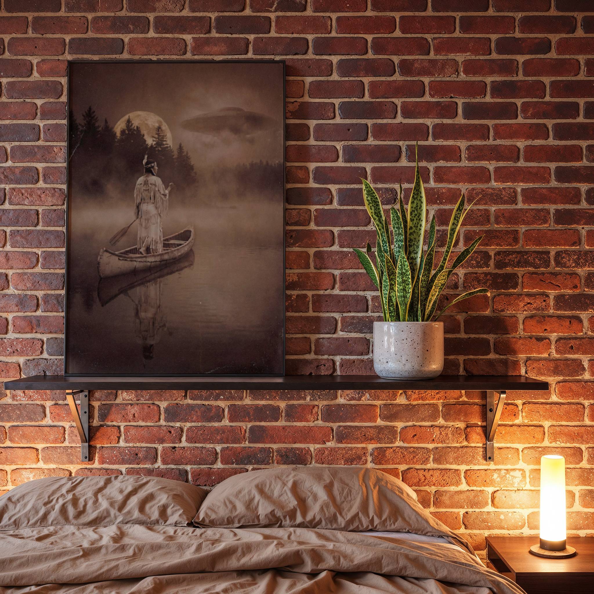 Richly atmospheric warm sepia artwork of a Native American woman standing in a wooden canoe on a perfectly still misty lake beneath a vast full moon and dark pine forest, a UFO half-hidden in amber clouds — a deeply atmospheric and unique dark bedroom wall art print – unframed vintage sepia bedroom poster, ufoposter.com