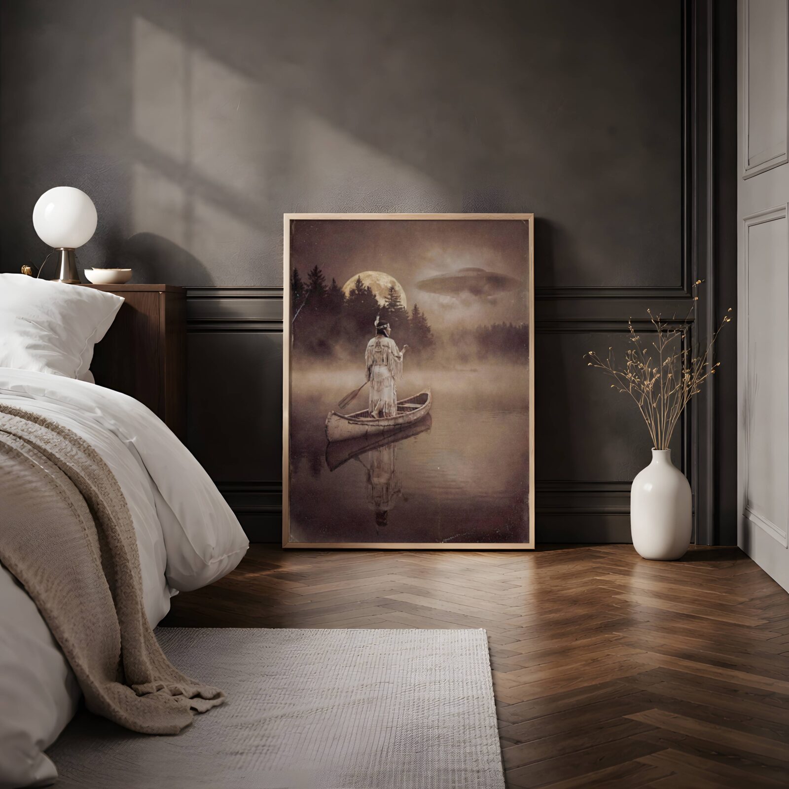 Deeply atmospheric warm sepia artwork of a Native American woman in traditional fringed dress standing in a wooden canoe on a still misty lake, hand raised toward the sky as a full moon rises above dark pines and a UFO drifts through amber clouds — a hauntingly beautiful dark bedroom wall art print – unframed sepia UFO poster for bedroom, ufoposter.com