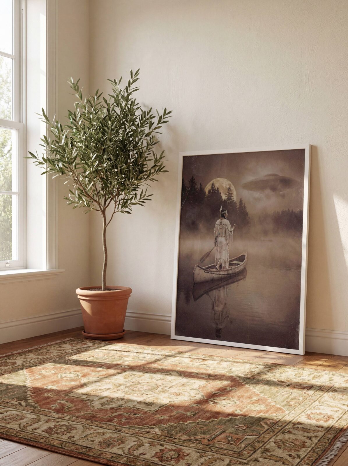 Haunting warm sepia retro artwork of a Native American woman in traditional fringed dress standing in a wooden canoe on a still misty lake, hand raised toward the sky as a full moon rises above a dark pine forest and a UFO drifts silently through amber clouds — a breathtaking dark wall art print for living room decor – unframed sepia UFO poster for living room, ufoposter.com