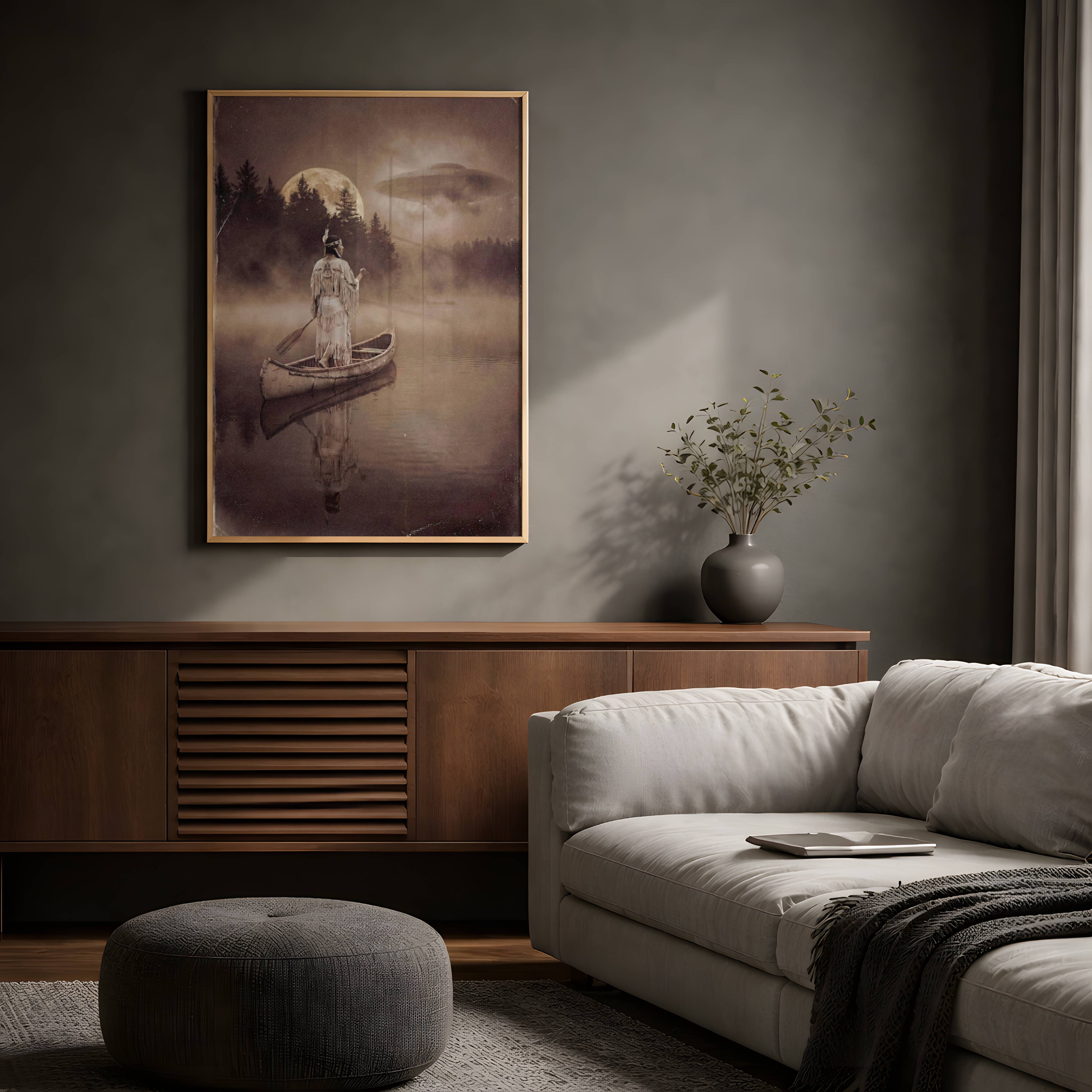 Richly atmospheric warm sepia artwork of a Native American woman in fringed dress standing in a canoe on a still misty lake, one hand raised to the sky as a full moon glows above dark pines and a UFO drifts silently through amber mist — a uniquely beautiful dark wall art statement for any living room – unframed dark sepia living room poster, ufoposter.com