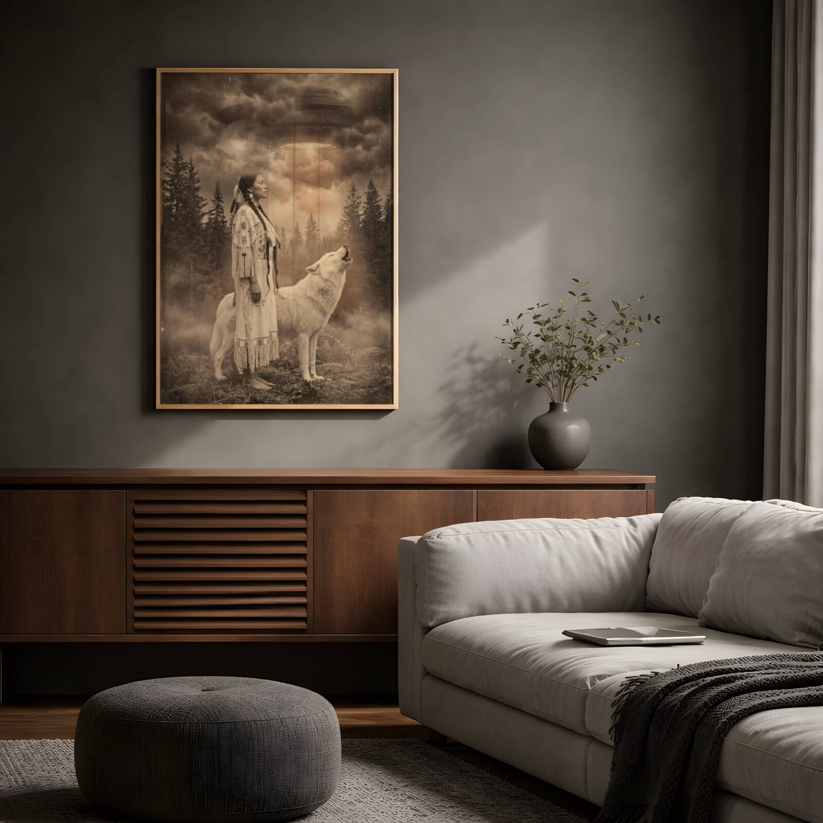 Richly atmospheric warm sepia artwork of a Native American woman with eyes closed standing barefoot beside a howling white wolf in a misty pine forest, two UFOs drifting silently through amber storm clouds above — a uniquely beautiful dark wall art statement for any living room – unframed dark sepia living room poster, ufoposter.com