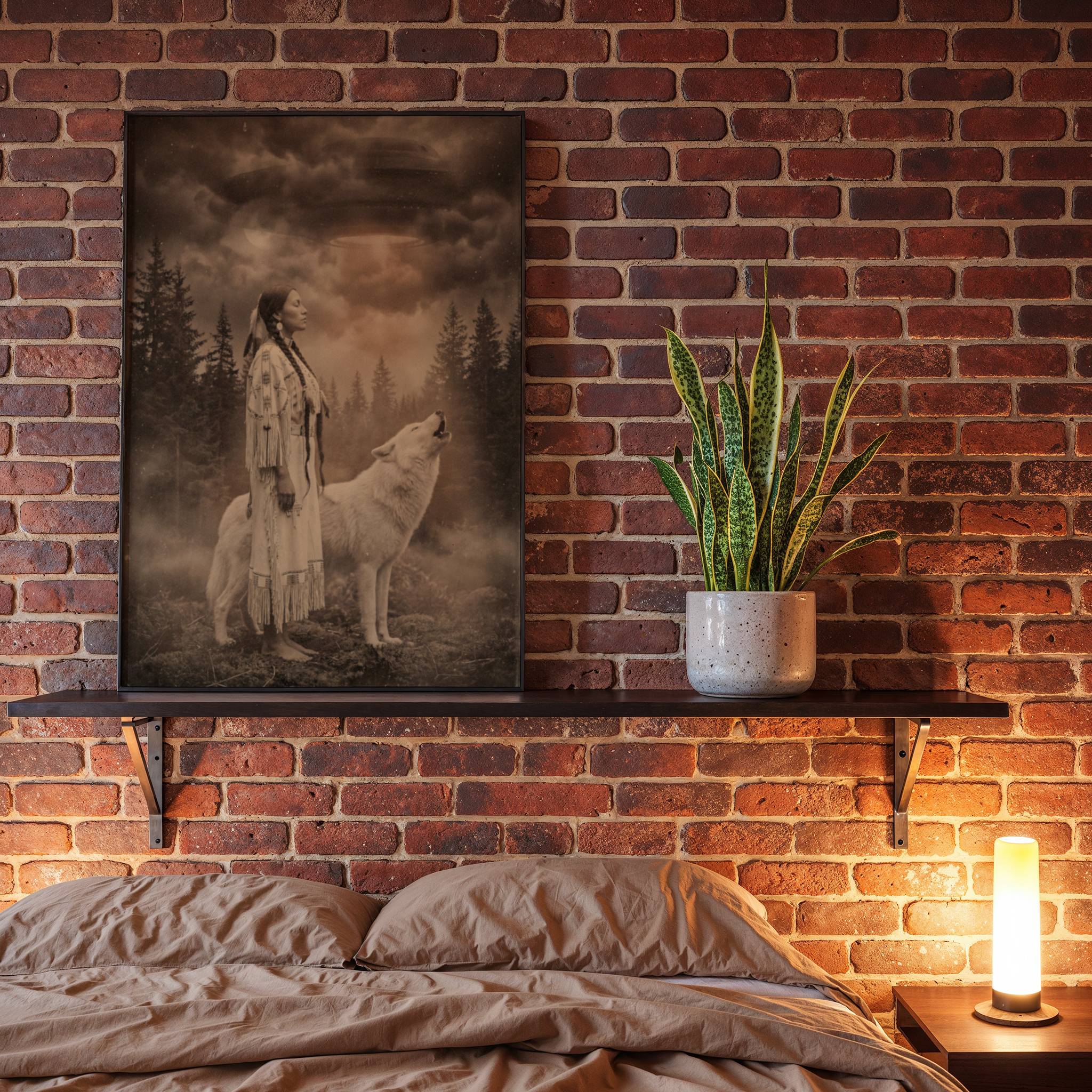 Richly atmospheric warm sepia artwork of a Native American woman in fringed dress standing in a misty pine forest beside a howling white wolf, two UFOs glowing through amber storm clouds — a deeply atmospheric and unique dark bedroom wall art print – unframed vintage sepia bedroom poster, ufoposter.com