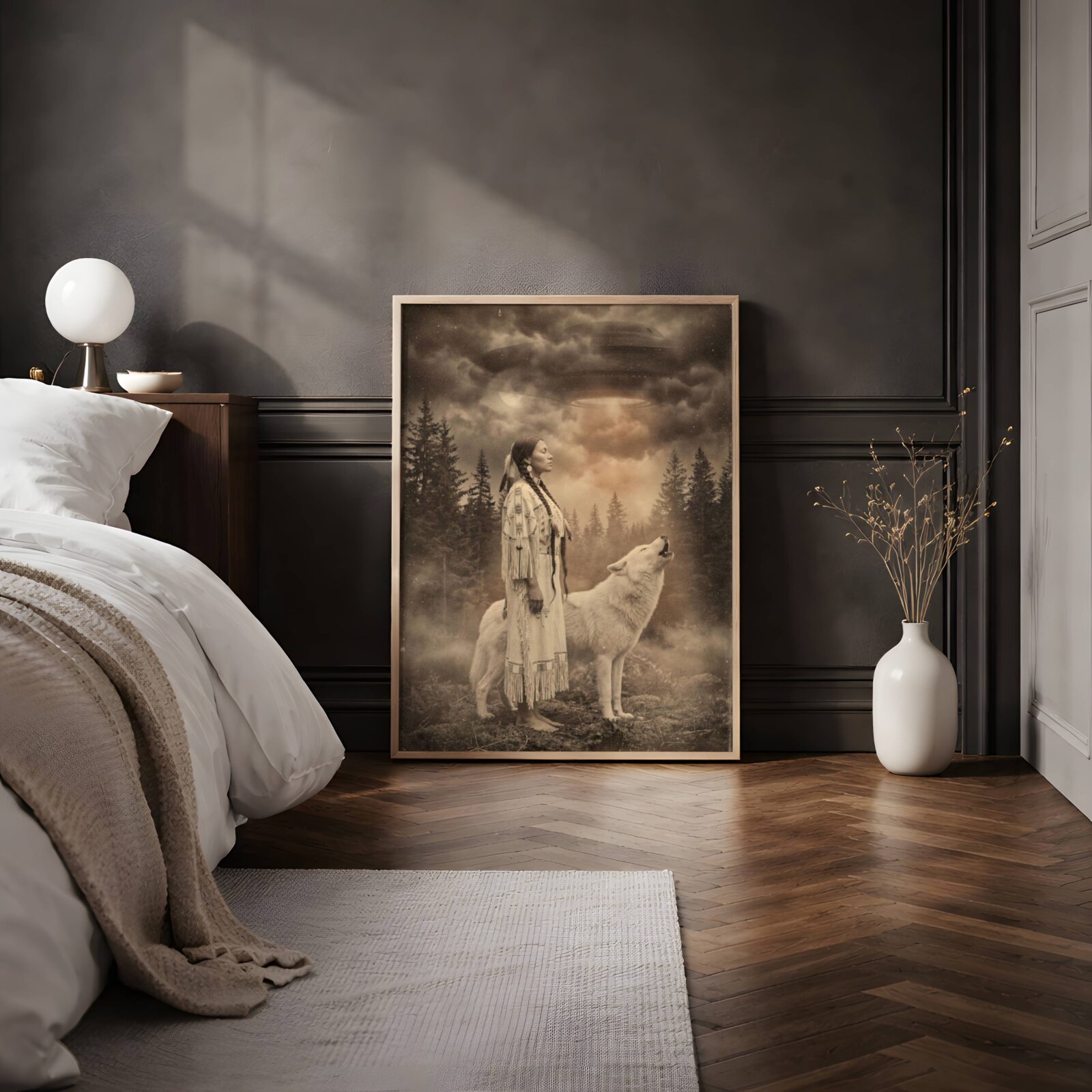 Deeply atmospheric warm sepia artwork of a Native American woman in traditional fringed dress standing barefoot in a misty pine forest with eyes closed, a white wolf howling beside her and two UFOs drifting through heavy amber storm clouds above — a hauntingly beautiful dark bedroom wall art print – unframed sepia UFO poster for bedroom, ufoposter.com