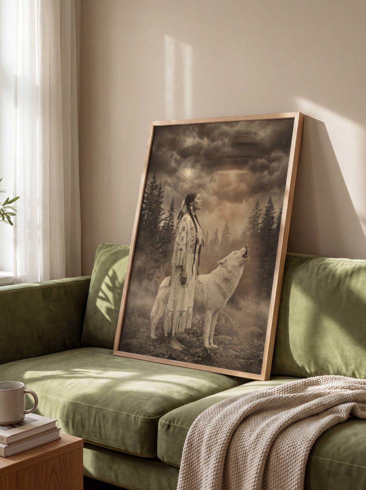 Deeply atmospheric warm sepia artwork of a Native American woman in fringed dress standing in a misty pine forest beside a howling white wolf, two UFOs glowing through heavy amber storm clouds above the treeline — a hauntingly beautiful dark living room wall art print – unframed vintage sepia art for living room, ufoposter.com