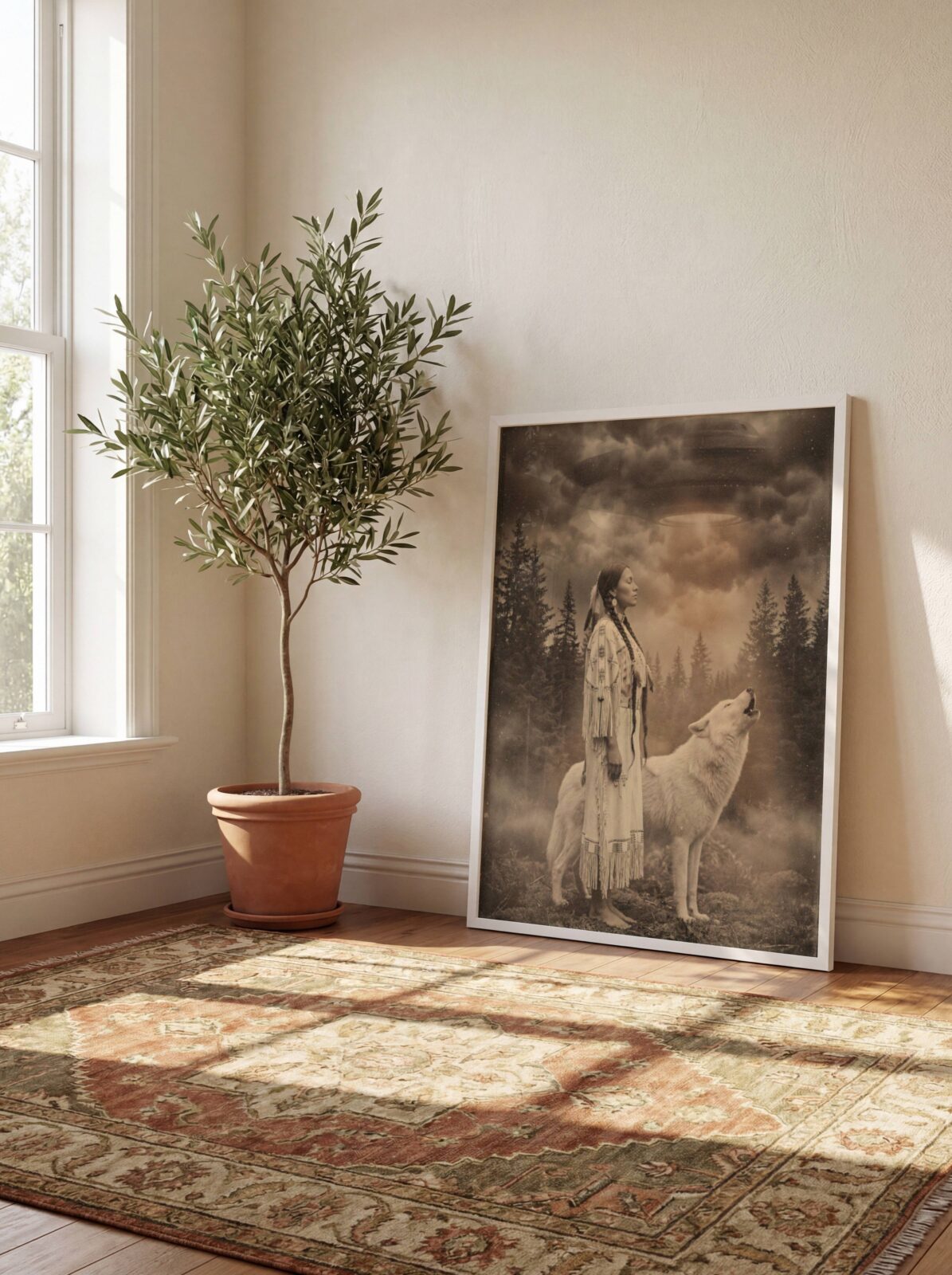 Haunting warm sepia artwork of a Native American woman in traditional fringed dress standing barefoot in a misty pine forest with eyes closed, a white wolf howling beside her and two UFOs drifting silently through heavy amber storm clouds above — a breathtaking dark wall art print for living room decor – unframed sepia UFO poster for living room, ufoposter.com