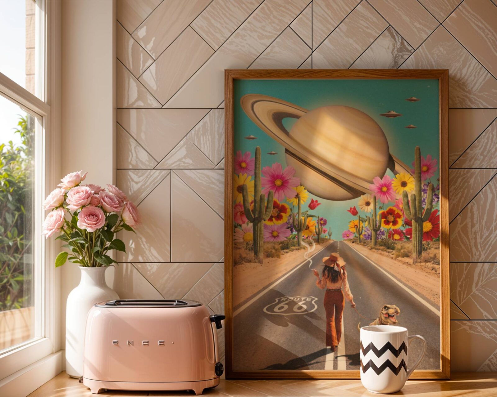 Vibrant retro collage of a bohemian woman strolling down Route 66 with a baby dinosaur on a leash, giant colourful flowers and saguaro cacti lining the desert highway as Saturn looms enormous in a bright turquoise sky with UFOs drifting past — bold funny kitchen wall art – unframed retro collage art for kitchen, ufoposter.com