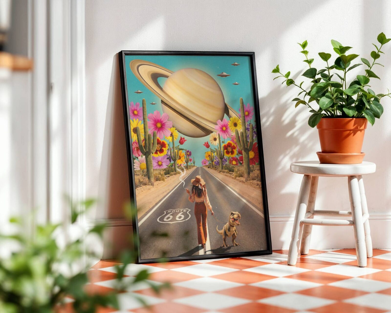 Bold colourful retro collage of a bohemian woman in a wide-brim hat walking a baby T-Rex on a leash down Route 66, towering cacti and oversized wildflowers lining the desert road as Saturn fills the turquoise sky and UFOs drift past — brilliant retro kitchen wall art – unframed funny retro poster for kitchen, ufoposter.com