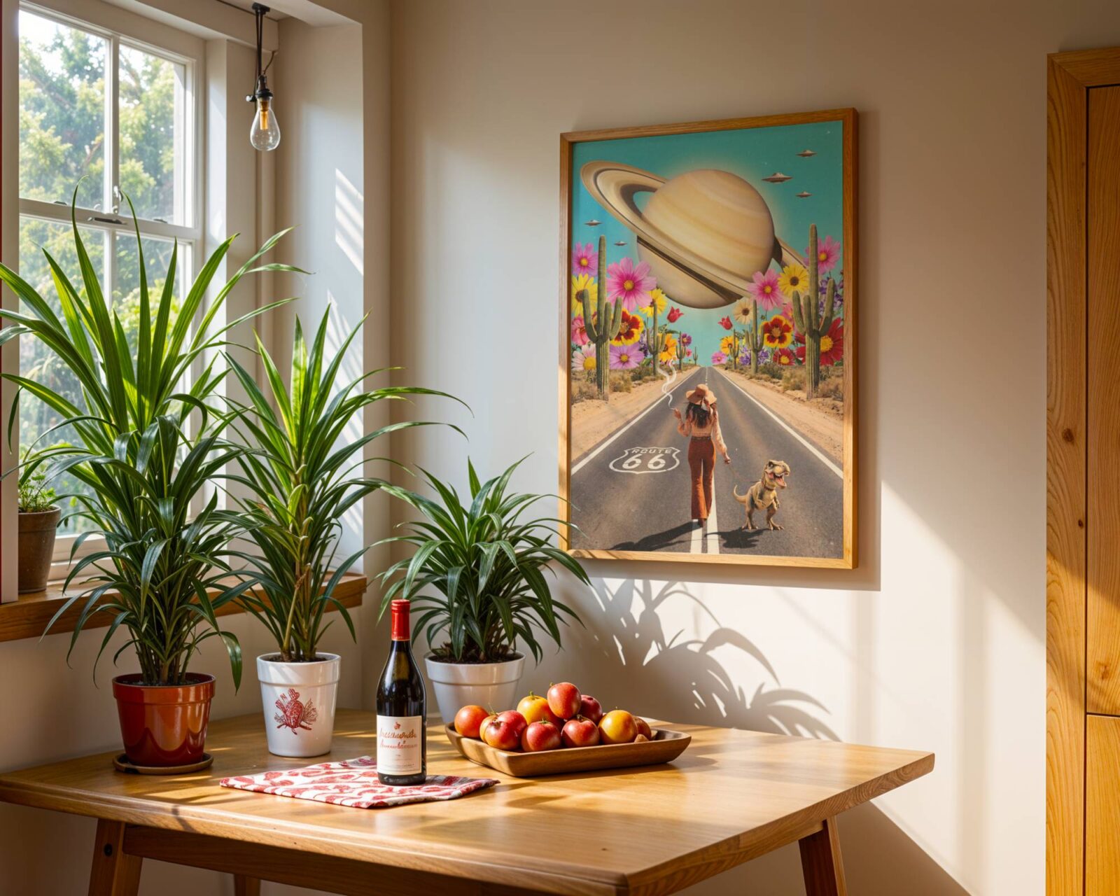 Vibrant bold retro collage of a bohemian woman in rust flares and wide-brim hat walking a baby dinosaur on a leash down Route 66, giant colourful wildflowers and towering cacti lining the desert highway as Saturn fills the turquoise sky and UFOs drift past — a joyful and distinctive retro living room wall art print – unframed funny retro living room poster, ufoposter.com