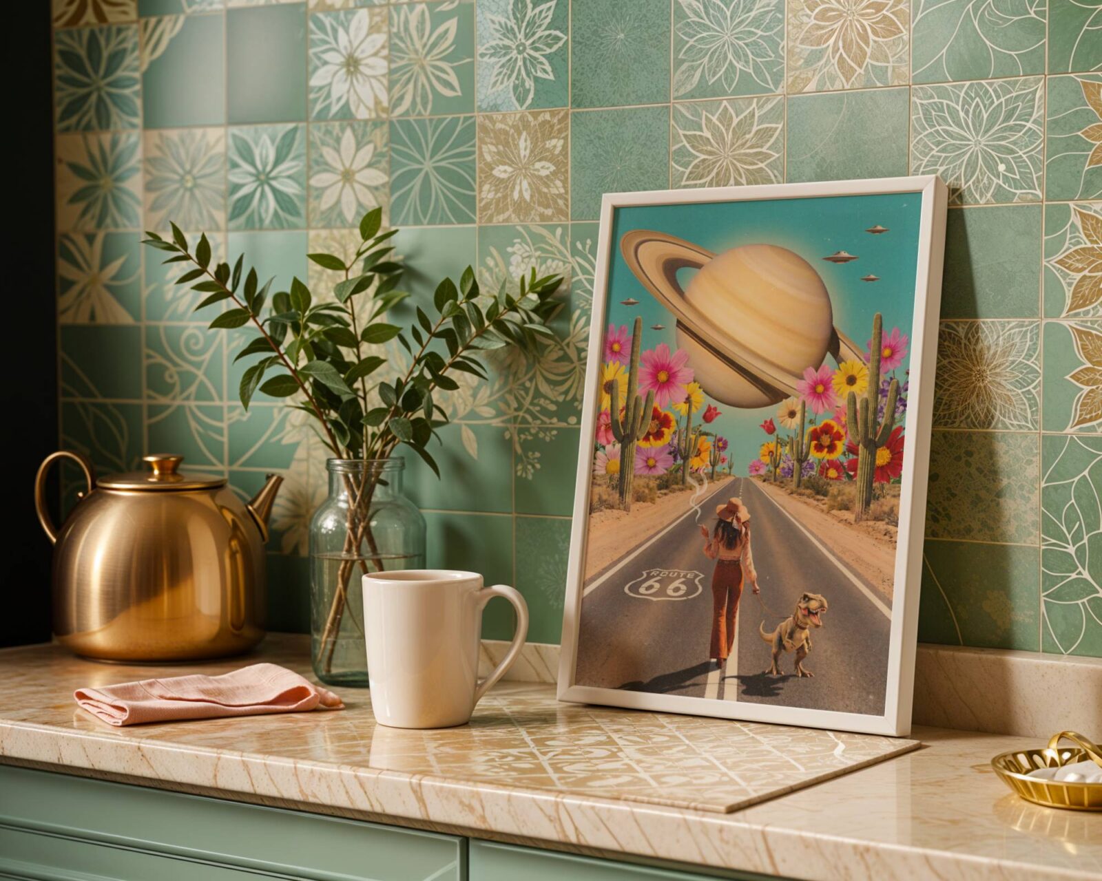 Bright and bold vintage retro collage of a bohemian woman in rust flares and wide-brim hat walking a baby T-Rex on a leash down Route 66 past towering cacti and giant wildflowers beneath an enormous Saturn and fleet of UFOs — joyful retro kitchen wall decor – unframed vintage collage kitchen poster, ufoposter.com
