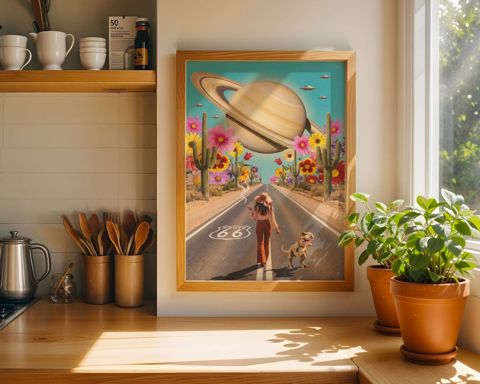 Striking vibrant retro collage of a bohemian woman smoking a cigarette while walking a baby dinosaur on a leash down Route 66, giant colourful flowers and cacti lining the desert road as Saturn fills the turquoise sky — hilarious and distinctive funny kitchen poster – unframed retro Saturn kitchen poster, ufoposter.com