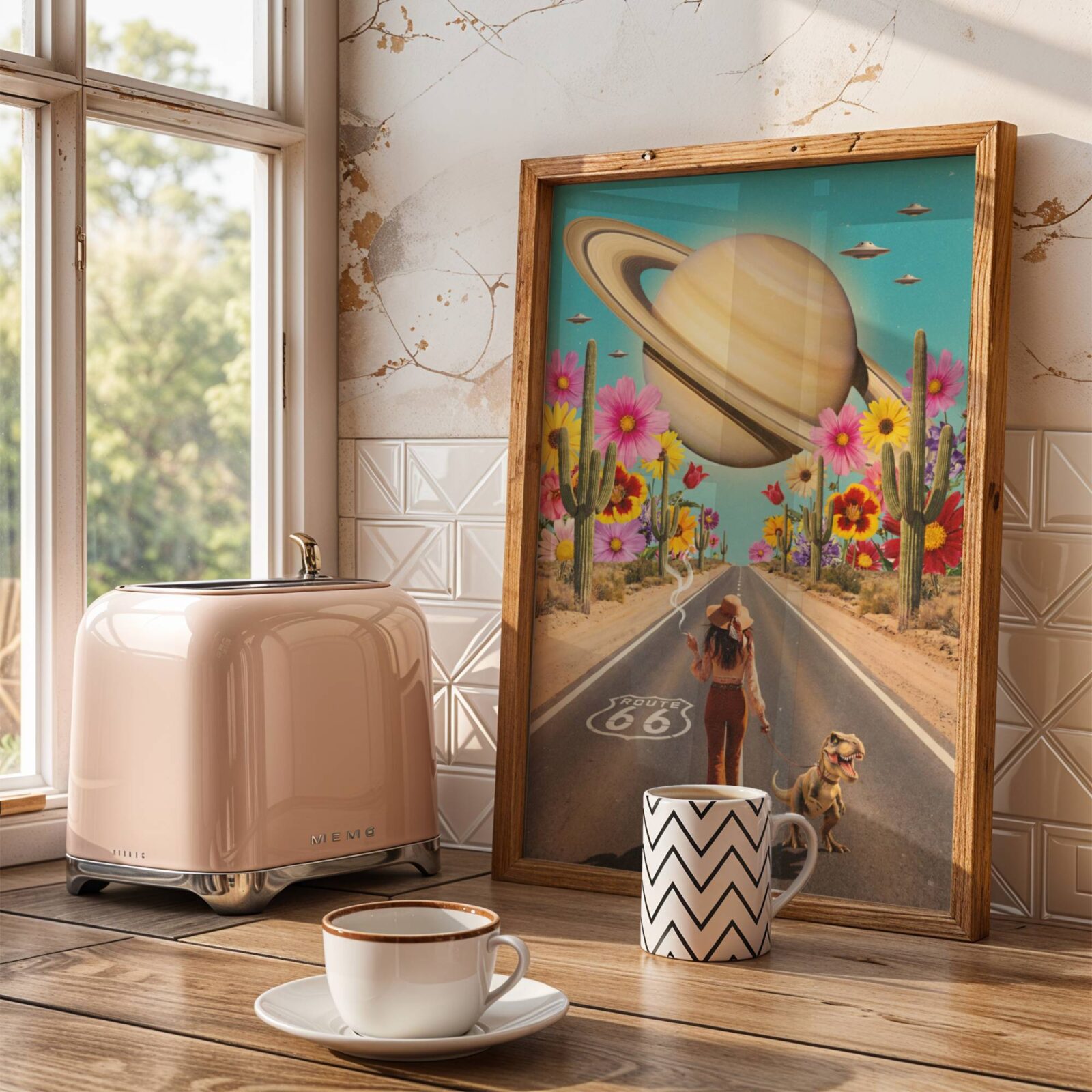 Bold colourful retro vintage collage of a bohemian woman in a wide-brim hat strolling down Route 66 with a baby T-Rex, towering saguaro cacti and oversized wildflowers lining the desert highway beneath an enormous Saturn and several drifting UFOs — joyful distinctive retro kitchen wall art – unframed vintage retro kitchen poster, ufoposter.com