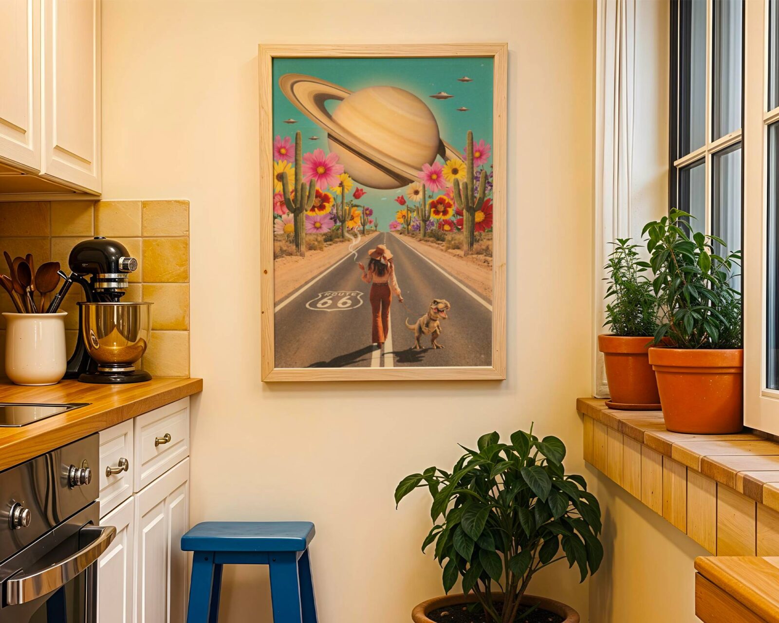 Vibrant retro,surreal everyday scenes nobody planned — a bohemian woman strolling down Route 66 with a baby dinosaur on a leash beneath Saturn and drifting UFOs, paired with a giant T-Rex striding through a perfectly ordinary 1950s American suburb as a UFO hovers overhead and Saturn looms in the sky — joyful and distinctive funny retro collage wall art – unframed funny retro collage poster set, ufoposter.com