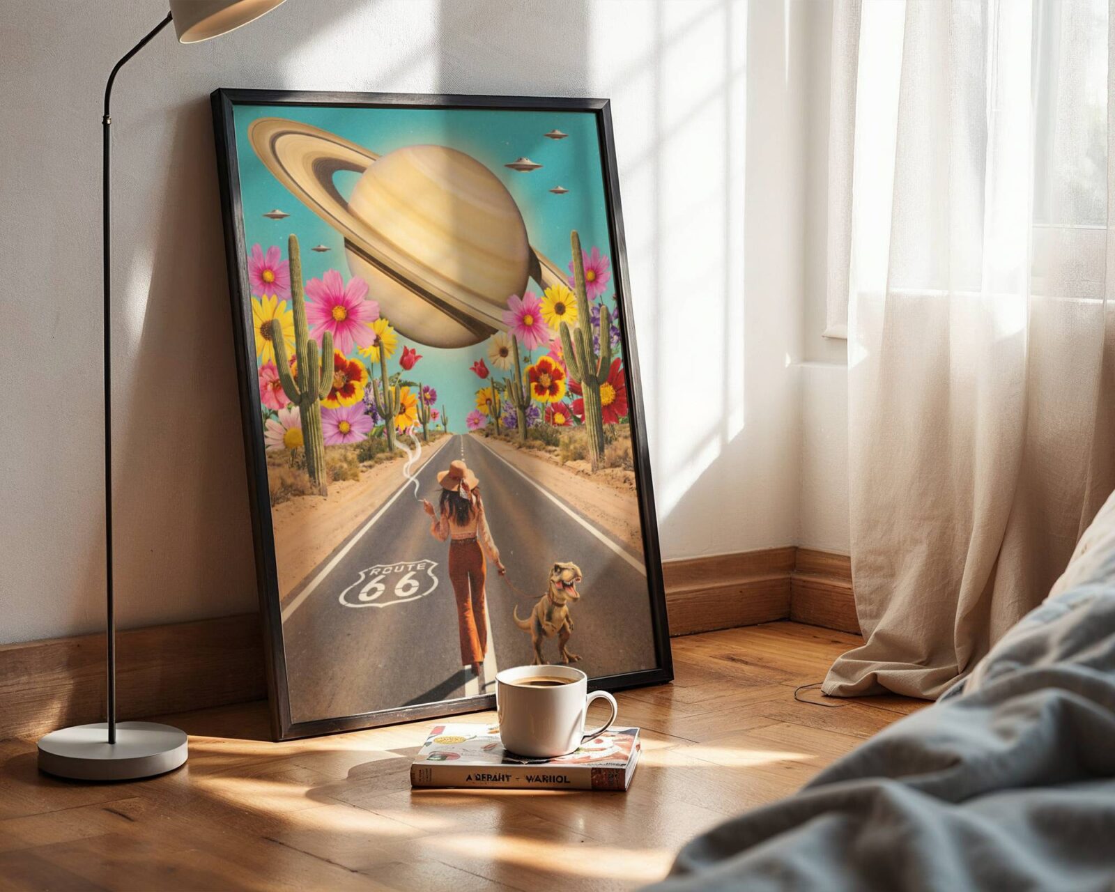 Bright and bold retro vintage collage of a bohemian woman walking a baby T-Rex on a leash down Route 66 beneath an enormous Saturn and fleet of UFOs, towering cacti and giant colourful flowers lining the desert road — a colourful, funny and joyful retro wall art print perfect for bedroom decor – unframed funny retro bedroom poster, ufoposter.com