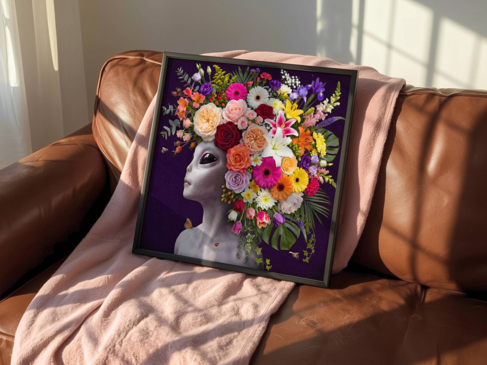 Bold rich surreal portrait of a grey alien crowned with an extraordinary abundance of flowers — roses, gerberas, lilies, tulips and irises — cascading against deep dark purple with a monarch butterfly — a striking and radiant alien wall art print for any living room – unframed rich alien flower poster for living room, ufoposter.com