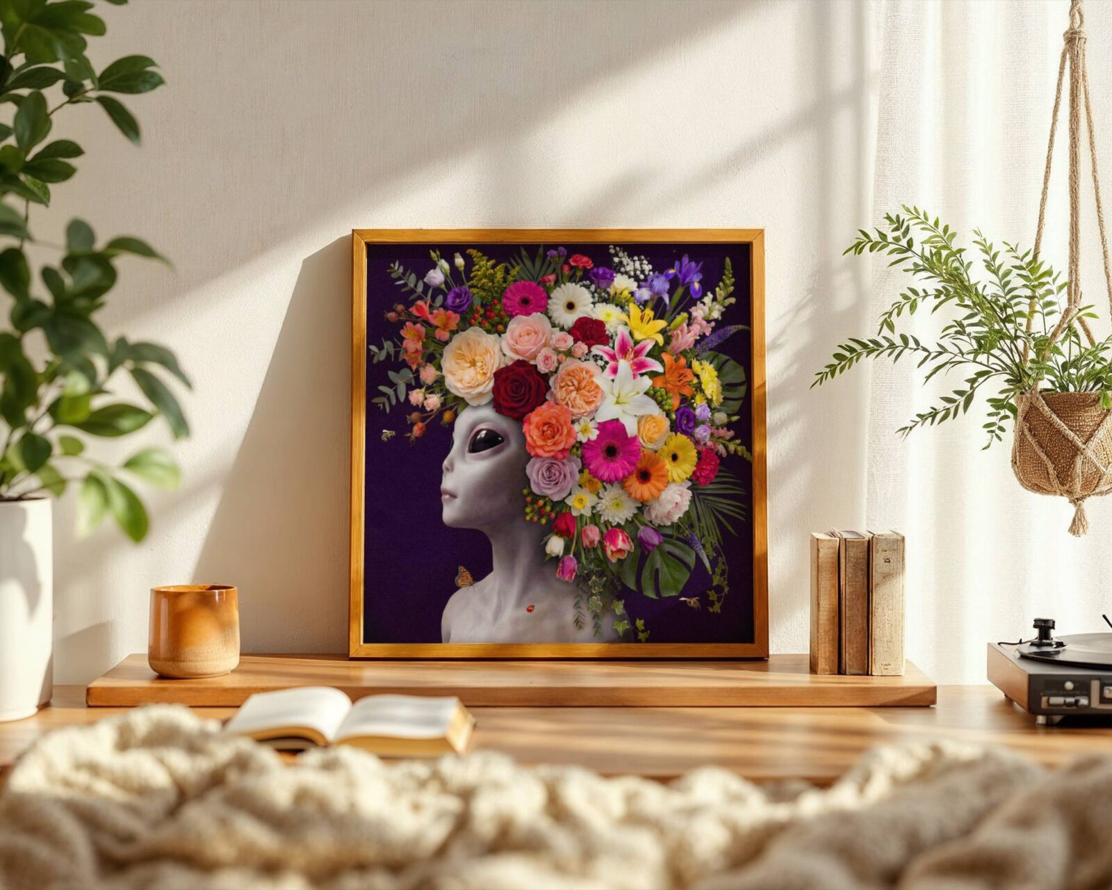 Breathtakingly abundant rich surreal portrait of a grey alien gazing upward with calm dark eyes, her entire head crowned with a magnificent floral headdress of flowers — roses, gerberas, lilies, irises, tulips, snapdragons, lisianthus, baby's breath, solidago and monstera leaves — tumbling in extraordinary abundance against a deep dark purple background with a monarch butterfly near her shoulder and a tiny ladybird on her collarbone — rich, radiant and genuinely unlike anything else on any wall – unframed rich surreal alien flower art poster, ufoposter.com