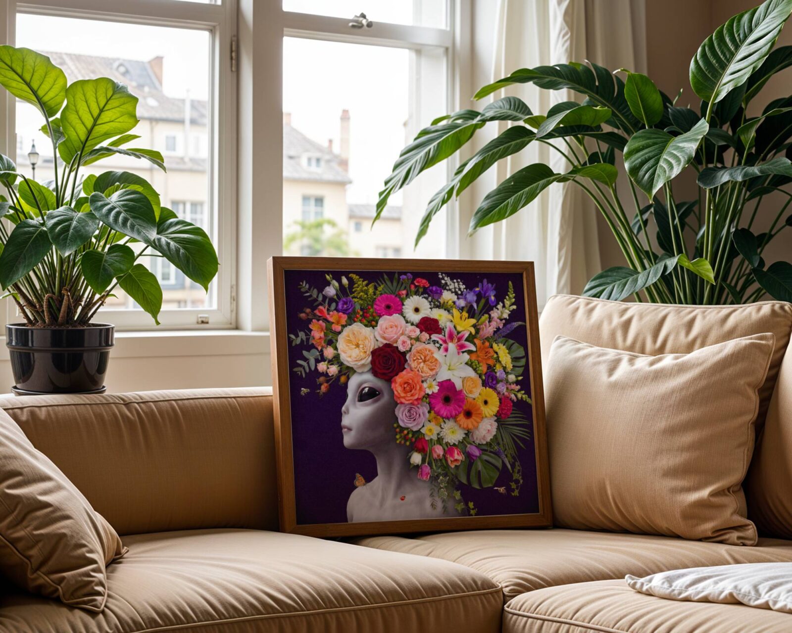 Striking bold surreal portrait of a grey alien crowned with an extraordinary abundance of flowers in every colour against a deep dark purple background with a monarch butterfly — a genuinely radiant and distinctive alien wall art statement for any living room – unframed rich alien flower living room poster, ufoposter.com