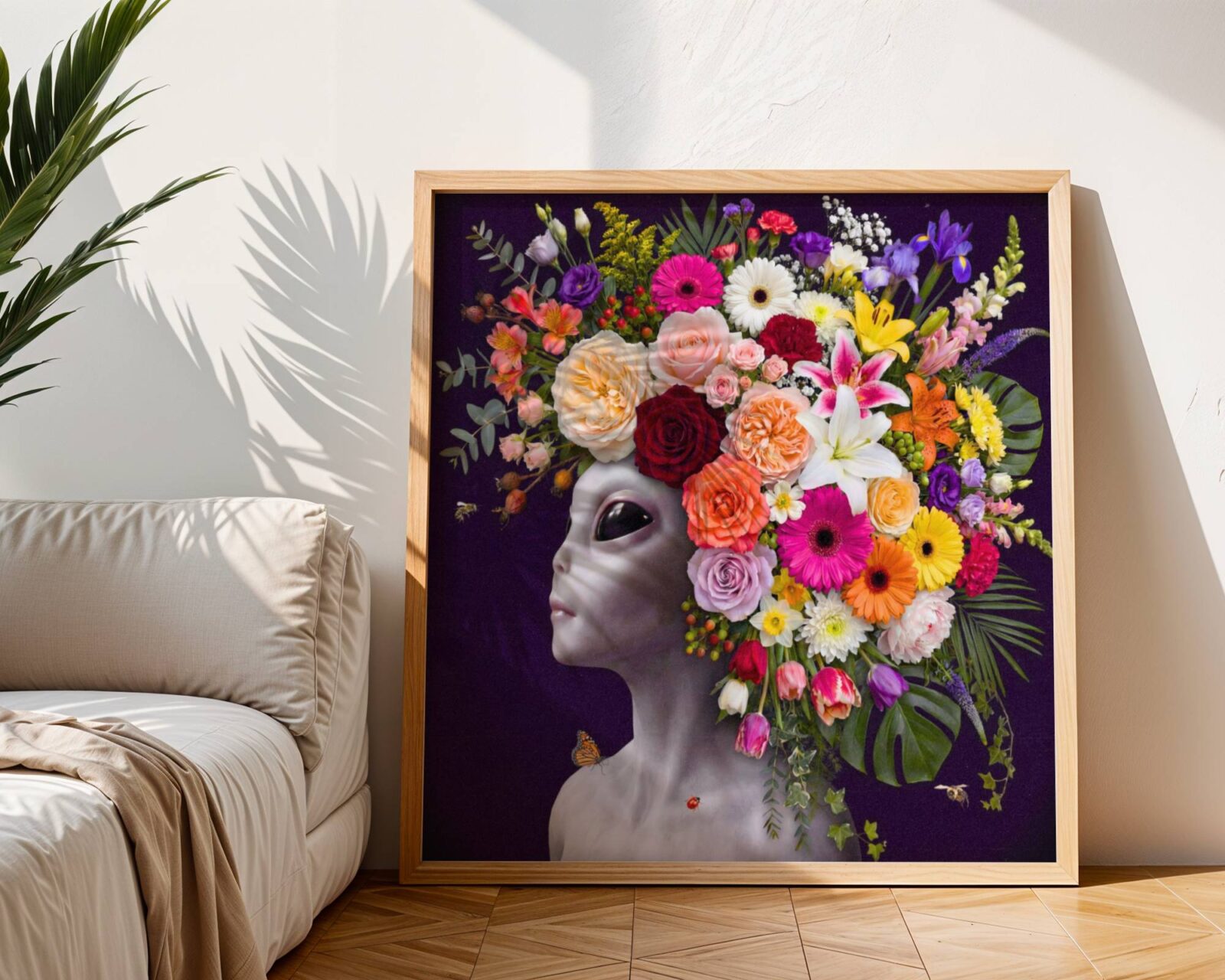 Deeply rich surreal portrait of a grey alien with large dark eyes wearing an extraordinary cascading headdress of flowers — roses, gerberas, lilies, irises and lisianthus — against a deep dark purple background with a monarch butterfly — a genuinely unique and radiant alien art print – unframed rich surreal alien flower wall poster, ufoposter.com