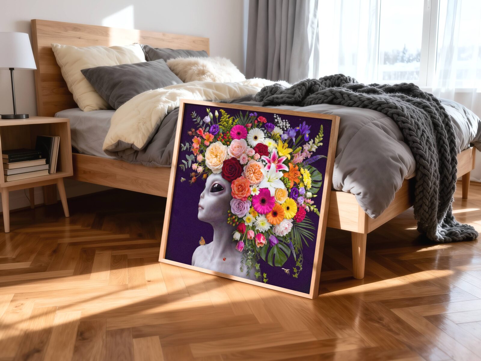 Bold rich surreal portrait of a grey alien with large dark eyes crowned with an extraordinary cascading headdress of flowers — roses, gerberas, lilies, irises and tulips — against a deep dark purple background with a monarch butterfly — a striking and radiant alien wall art print for bedroom decor – unframed rich alien flower bedroom poster, ufoposter.com
