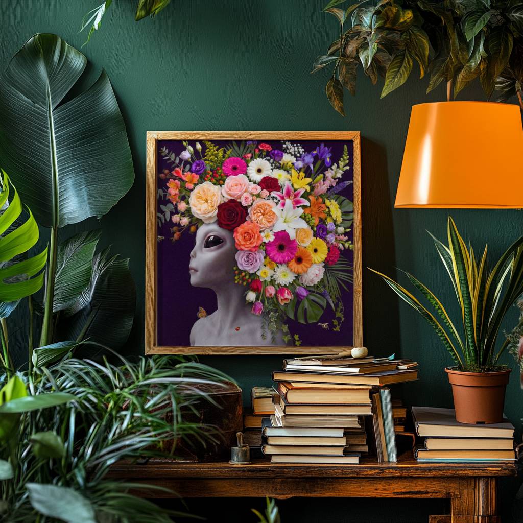 Striking rich surreal portrait of a grey alien with calm dark eyes wearing an extraordinary crown of abundant flowers — roses, gerberas, lilies, tulips and irises — cascading against a deep dark purple background — bold and radiant alien flower wall art – unframed rich alien floral portrait poster, ufoposter.com