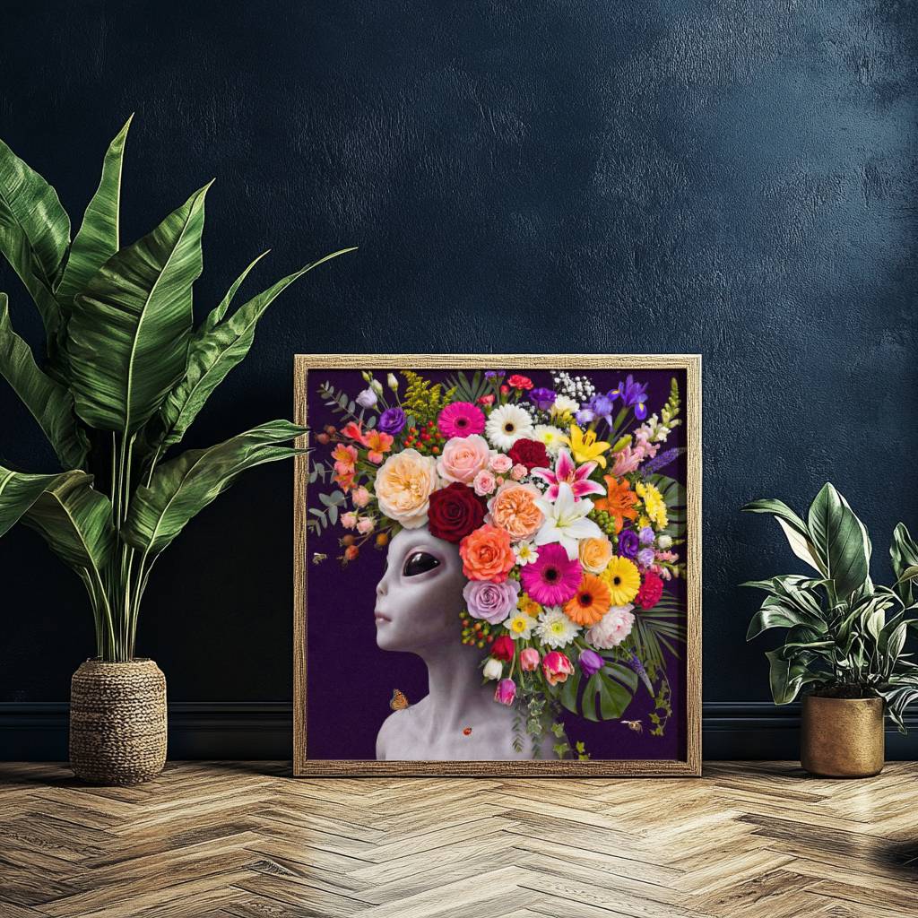 Bold vibrant surreal portrait of a grey alien with calm dark eyes, her head crowned with an extraordinary abundance of flowers — roses, gerberas, lilies, irises, tulips and snapdragons — cascading against a deep dark purple background with a monarch butterfly and ladybird on her collarbone – unframed colourful alien flower wall poster, ufoposter.com