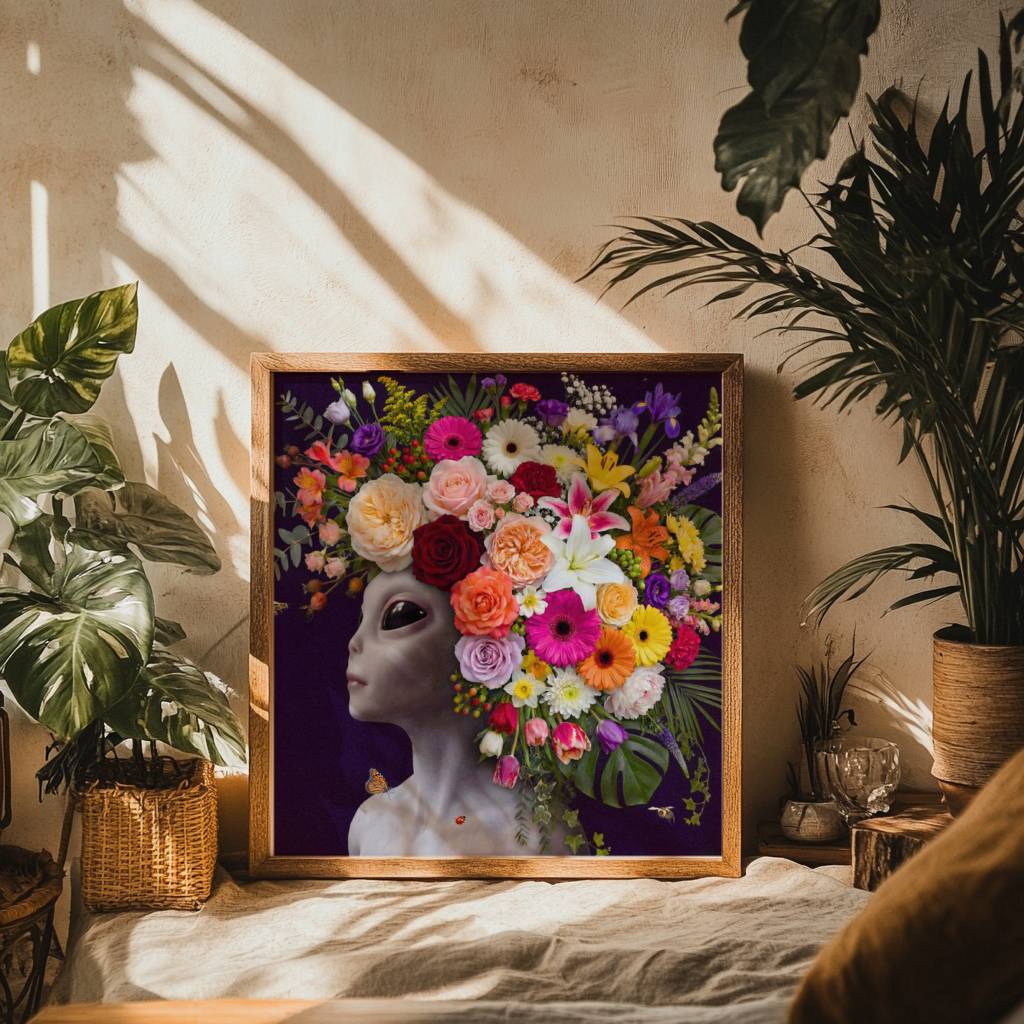 Vivid surreal portrait of a grey alien crowned with a magnificent floral headdress of flowers — roses, gerberas, lilies, irises, lisianthus, baby's breath and monstera leaves — tumbling and cascading against a deep dark purple background with a monarch butterfly – unframed surreal alien flower art poster, ufoposter.com