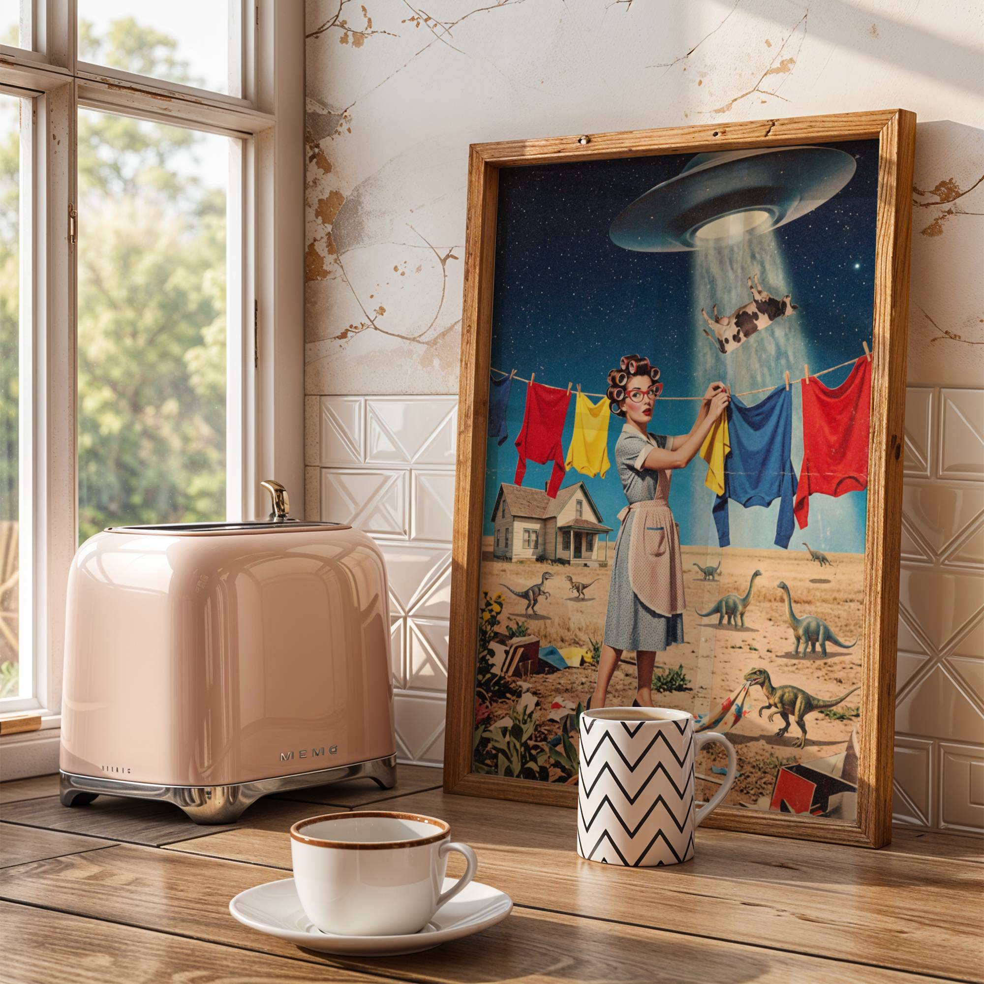 Colourful retro vintage collage of a 1950s housewife in polka dot apron and hair rollers pegging laundry while a cow floats upward in a UFO beam above a dinosaur-filled prairie — bold retro kitchen wall decor at its funniest – unframed vintage collage kitchen poster, ufoposter.com