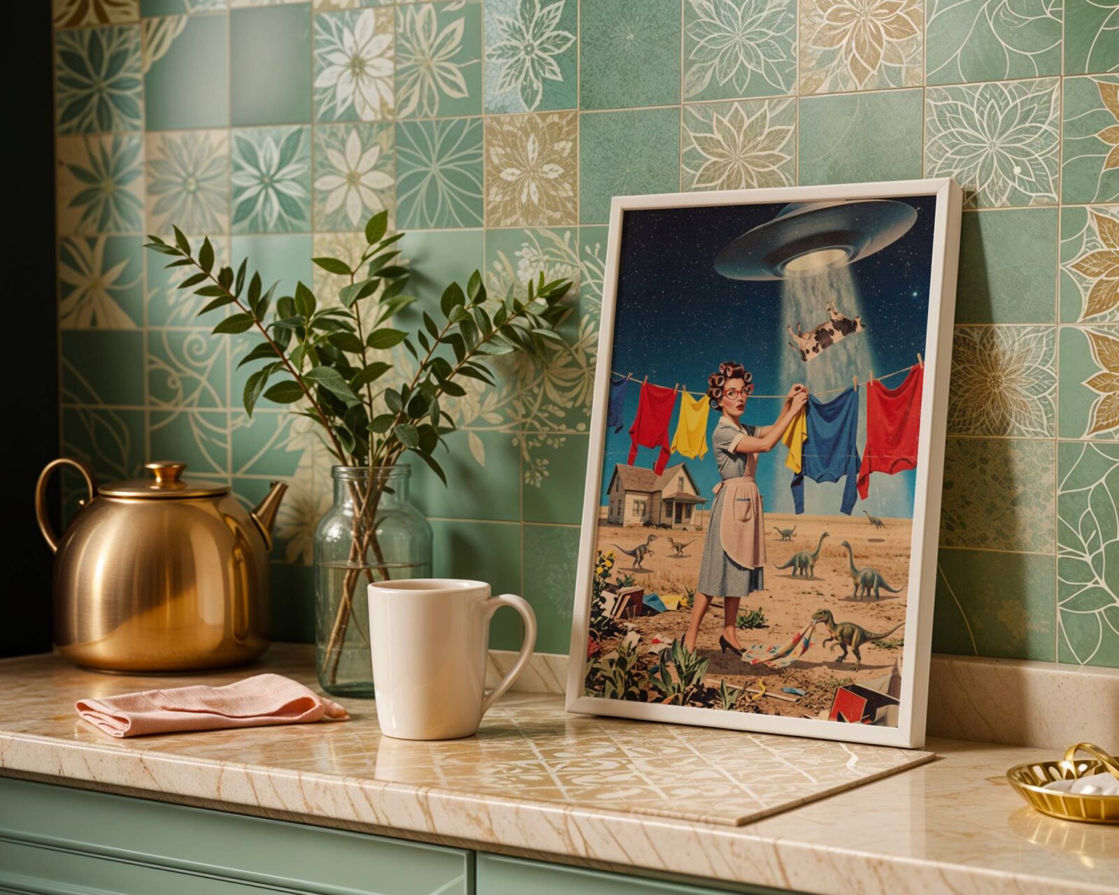 Striking bold retro collage of a determined 1950s housewife in hair rollers hanging laundry while chaos unfolds around her — a UFO abduction overhead and dinosaurs at her feet — the most entertaining retro kitchen wall art print available – unframed vintage retro kitchen poster, ufoposter.com