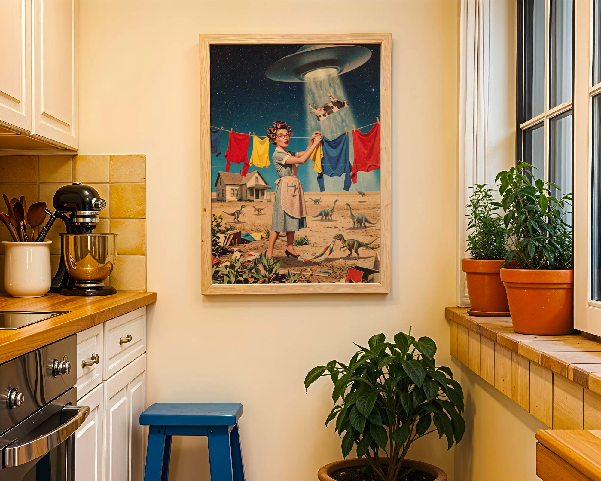 Bold vintage retro collage of a focused 1950s housewife hanging colourful laundry on a washing line as a UFO beams a cow into the starry sky above and dinosaurs wander the dusty plains — a hilarious and distinctive funny kitchen poster – unframed retro collage art for kitchen, ufoposter.com