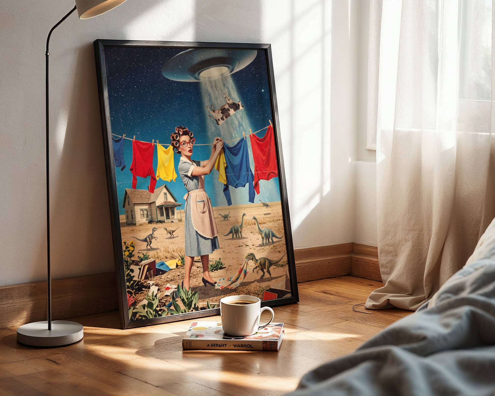 Bright retro vintage collage of a 1950s housewife hanging laundry while a UFO abducts a cow and dinosaurs roam the plains behind her — a colourful, funny and joyful retro wall art print that brings personality and humour to bedroom decor – unframed funny retro bedroom poster, ufoposter.com