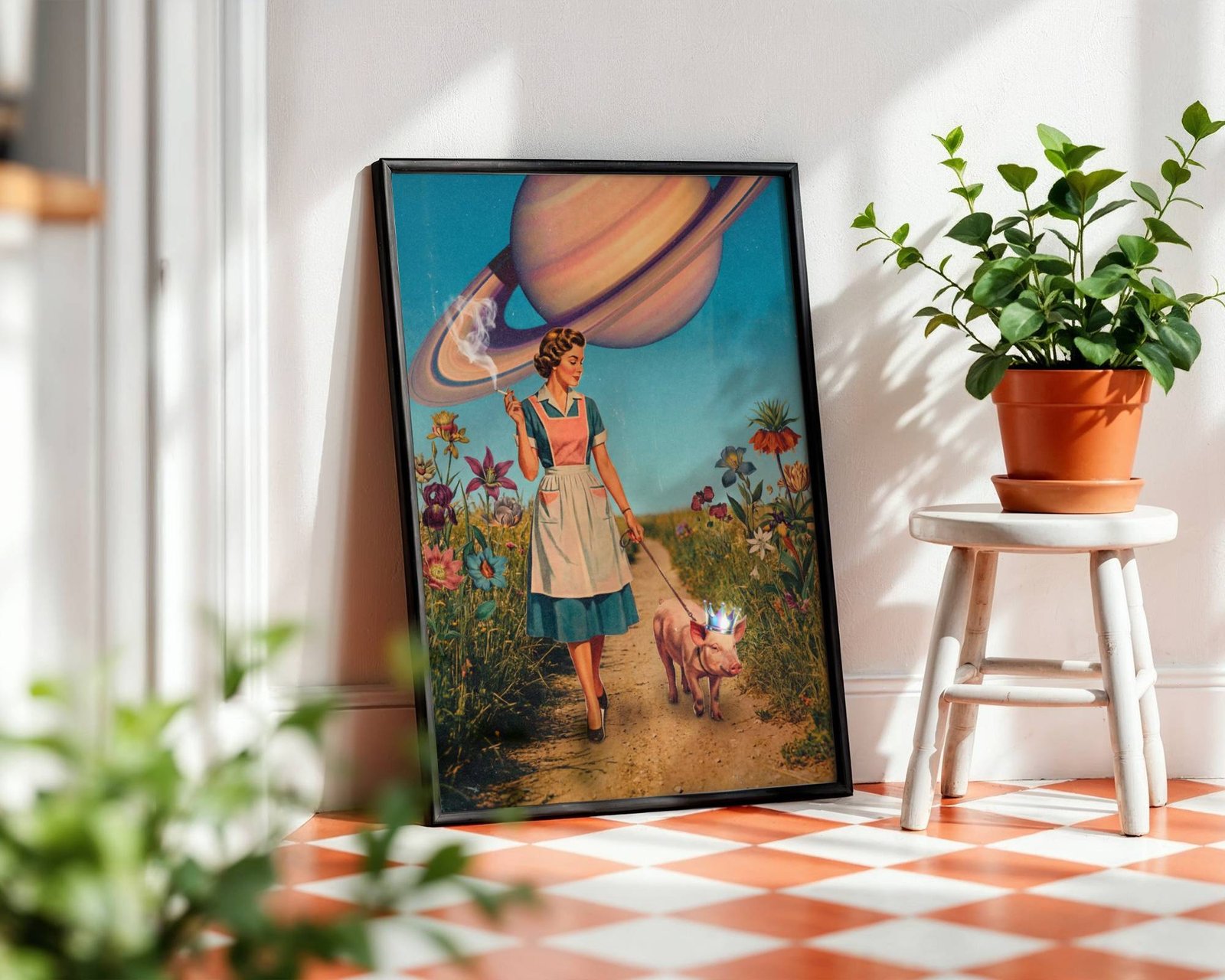 Bold warm retro collage of a 1950s housewife in teal dress and apron strolling with a holographic-crowned pig through a wildflower path under an enormous Saturn filling the blue sky — hilarious and charming funny kitchen poster – unframed retro collage art for kitchen, ufoposter.com