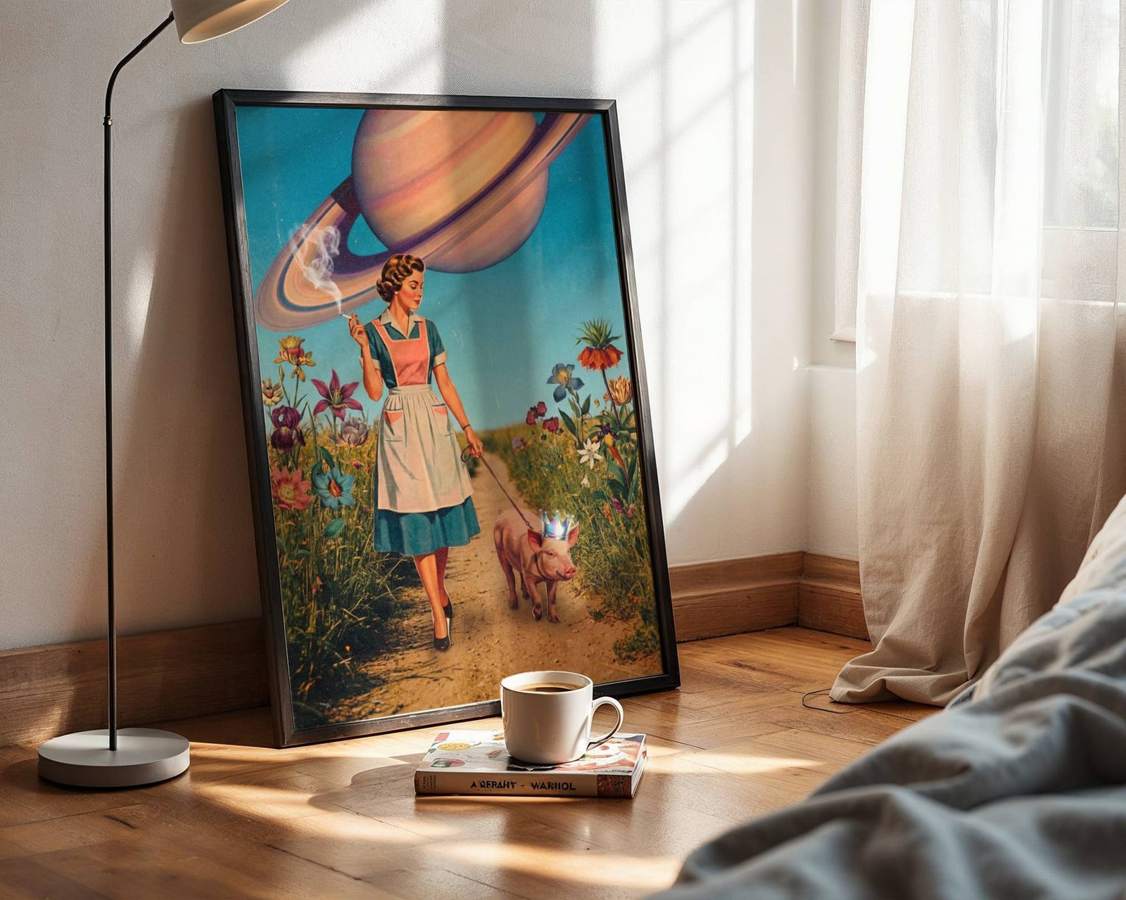 Colourful pastel retro vintage collage of a elegant 1950s housewife walking a crown-wearing pig past wildflowers on a country path beneath a massive Saturn — bold and joyful retro kitchen wall decor – unframed vintage collage kitchen poster, ufoposter.com