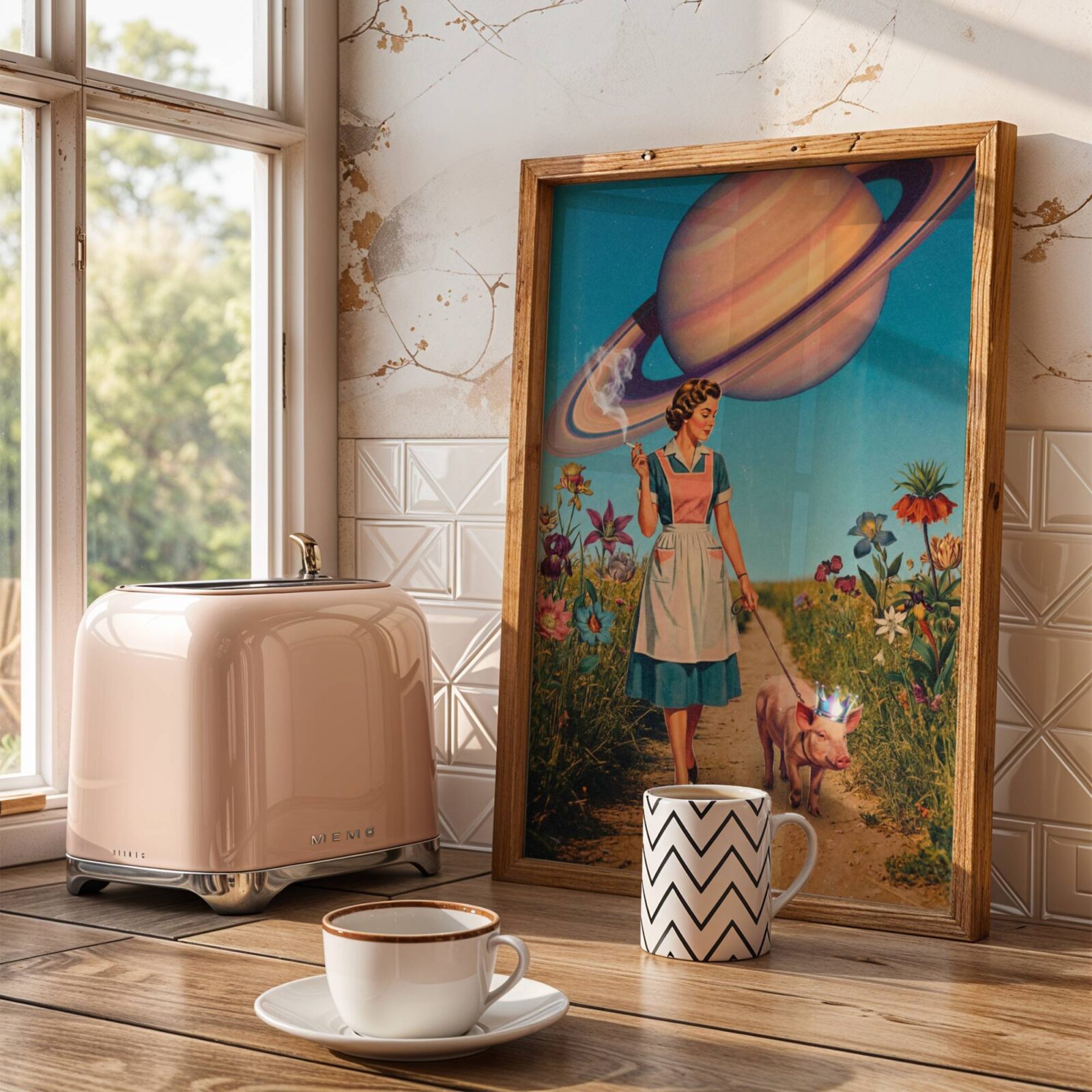 Striking pastel retro collage of a 1950s housewife in apron and heels strolling with a crowned pig on a leash through wildflowers beneath an enormous Saturn — beautifully composed retro kitchen wall art with surreal vintage charm – unframed vintage retro kitchen poster, ufoposter.com